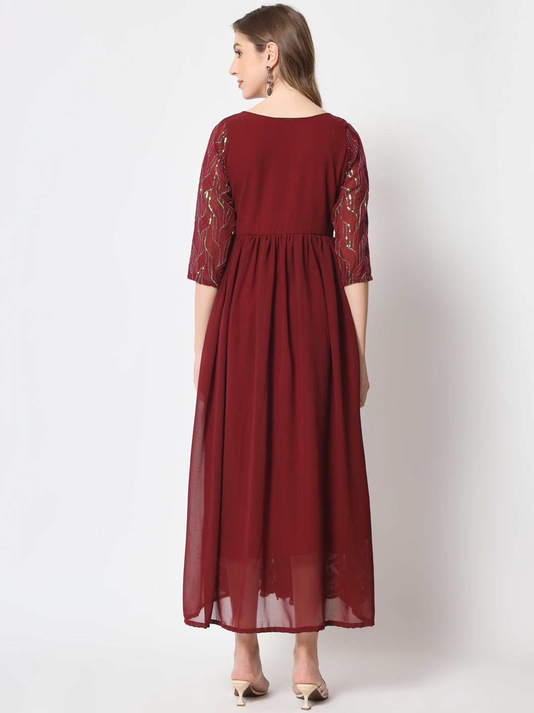 Maroon Sequin Embellished Anarkali Gown in Georgette Fabric