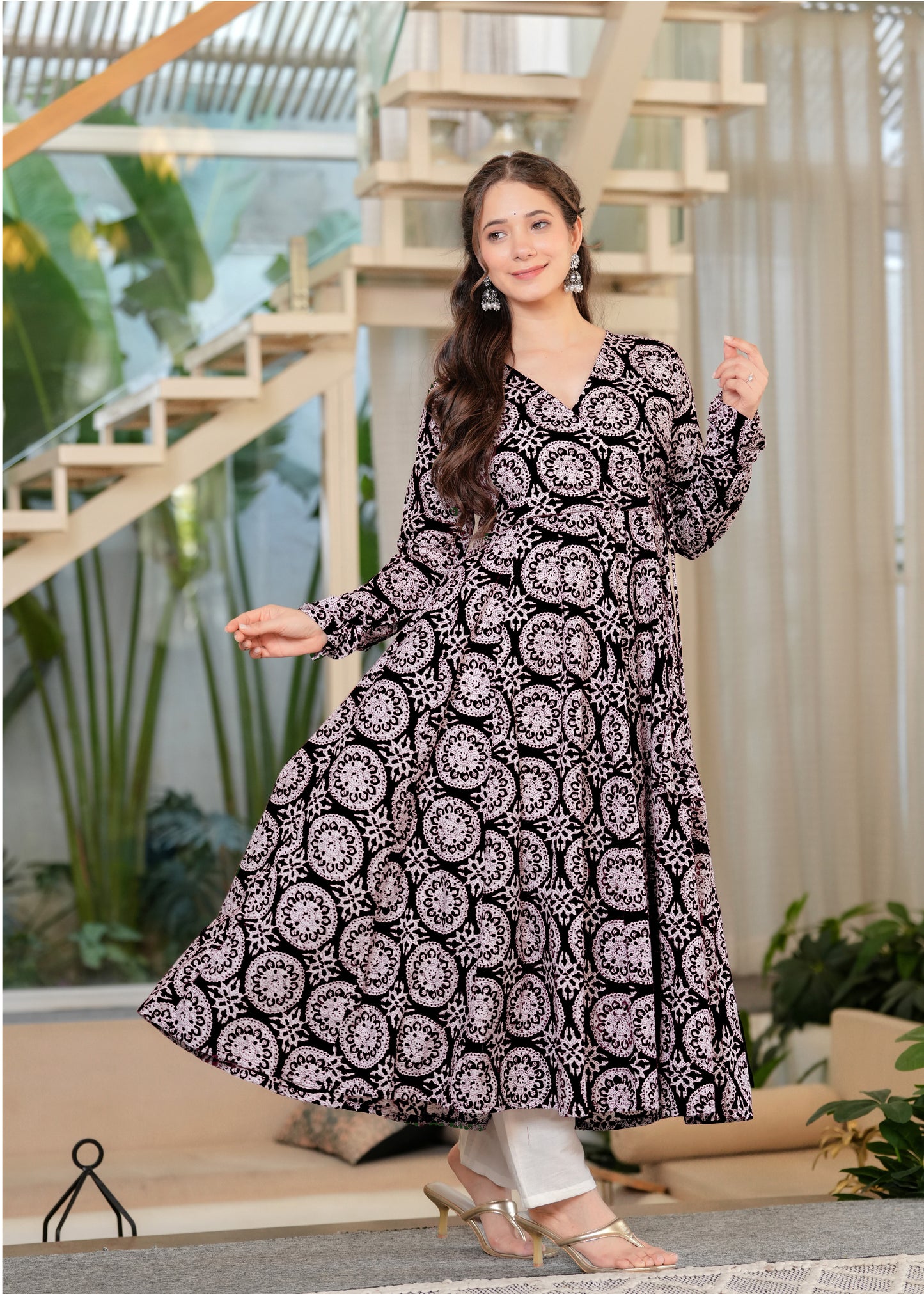 Black Cambric Cotton Ethnic Motif Anarkali Kurta With Palazzo Set