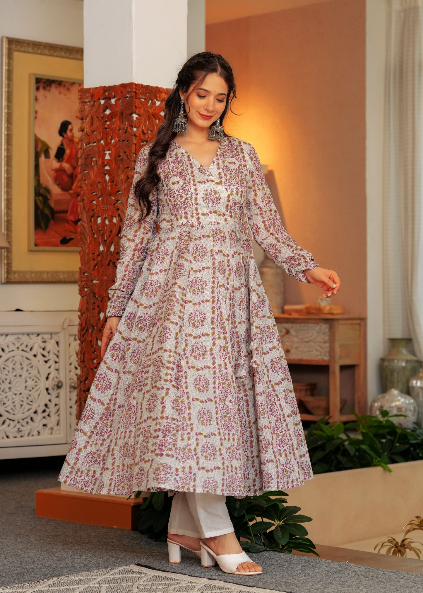 Peach Cambric Cotton Floral Print Anarkali Kurta With Palazzo Set