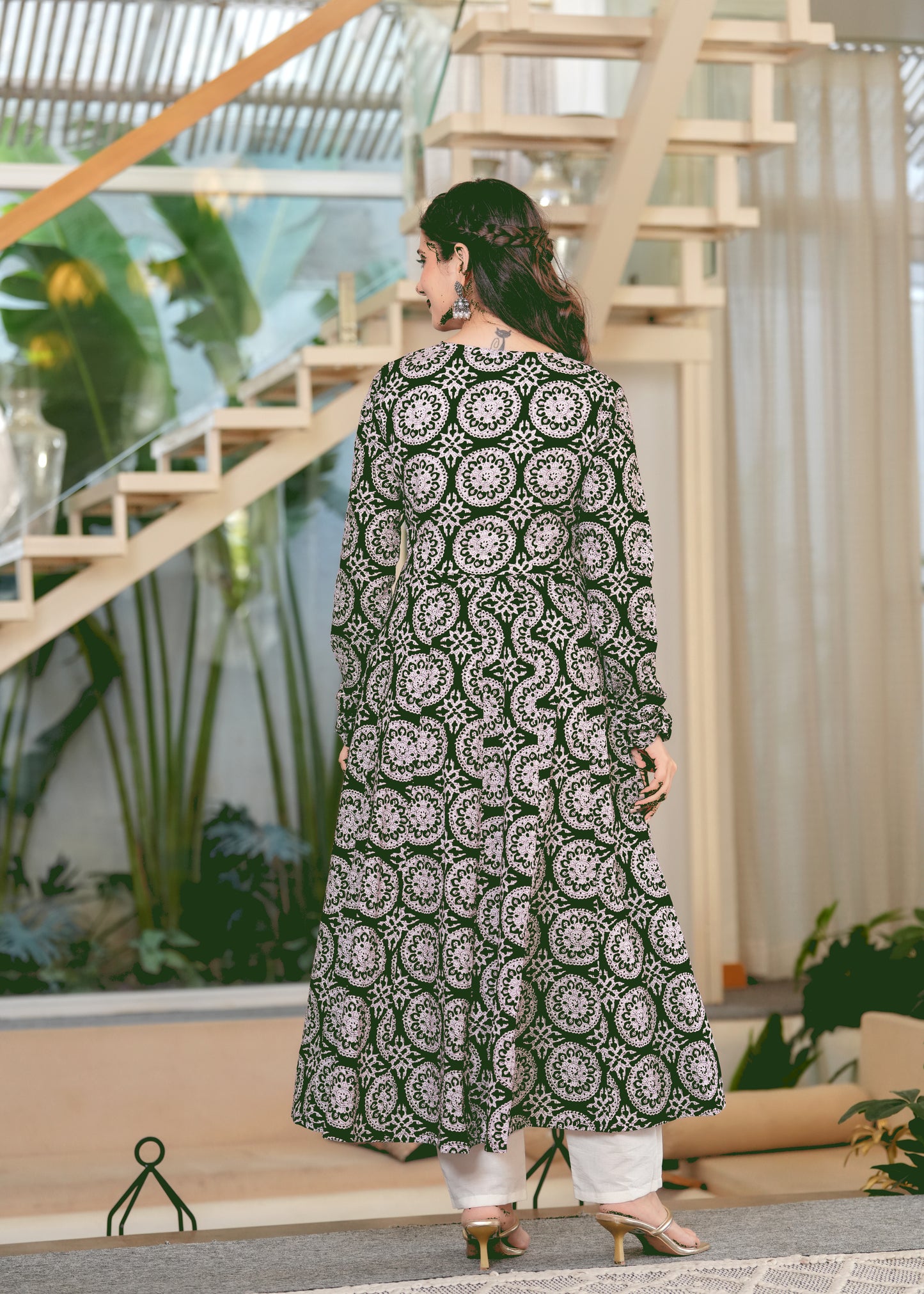 Green Cambric Cotton Ethnic Motif Anarkali Kurta With Palazzo Set
