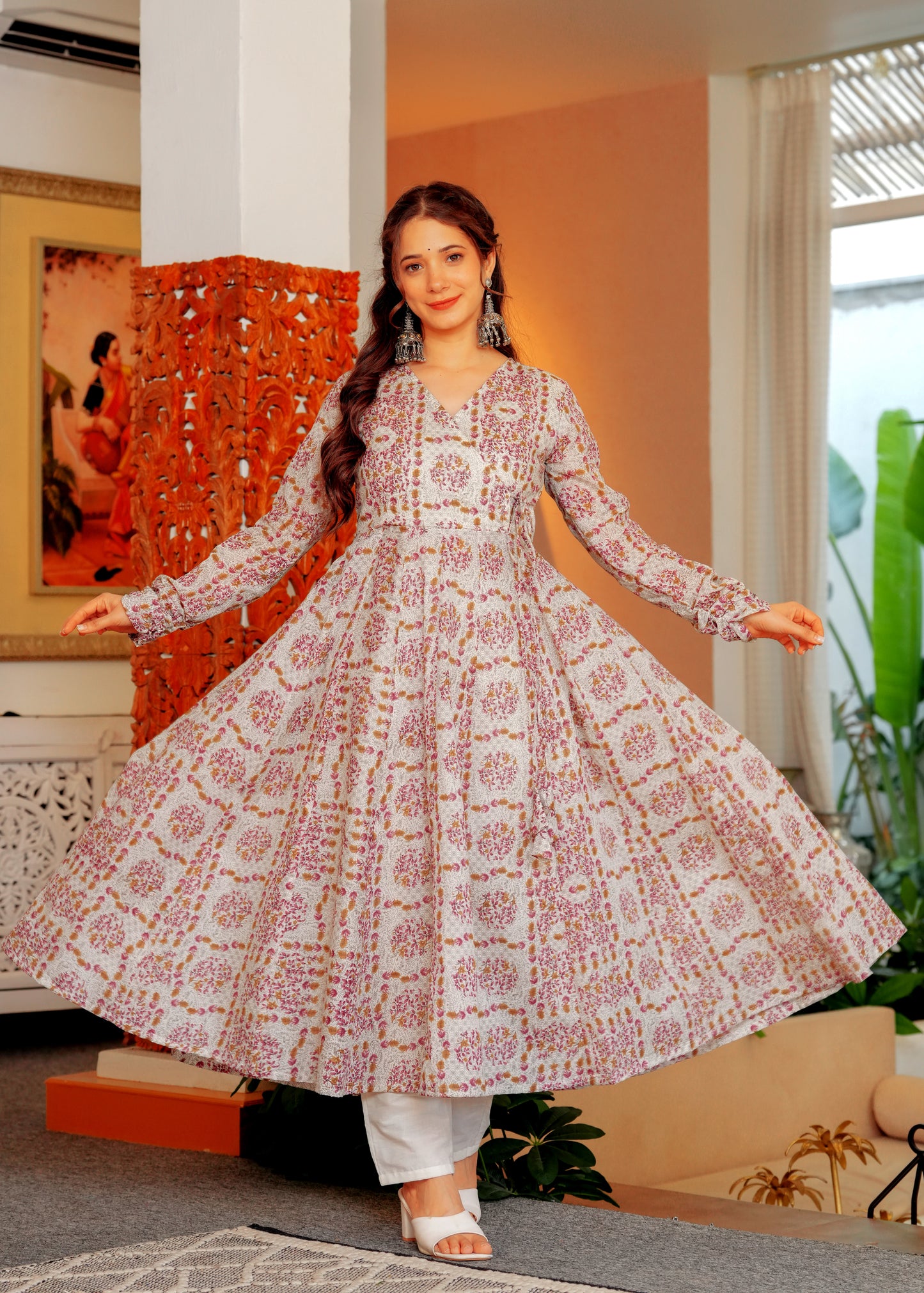 Peach Cambric Cotton Floral Print Anarkali Kurta With Palazzo Set