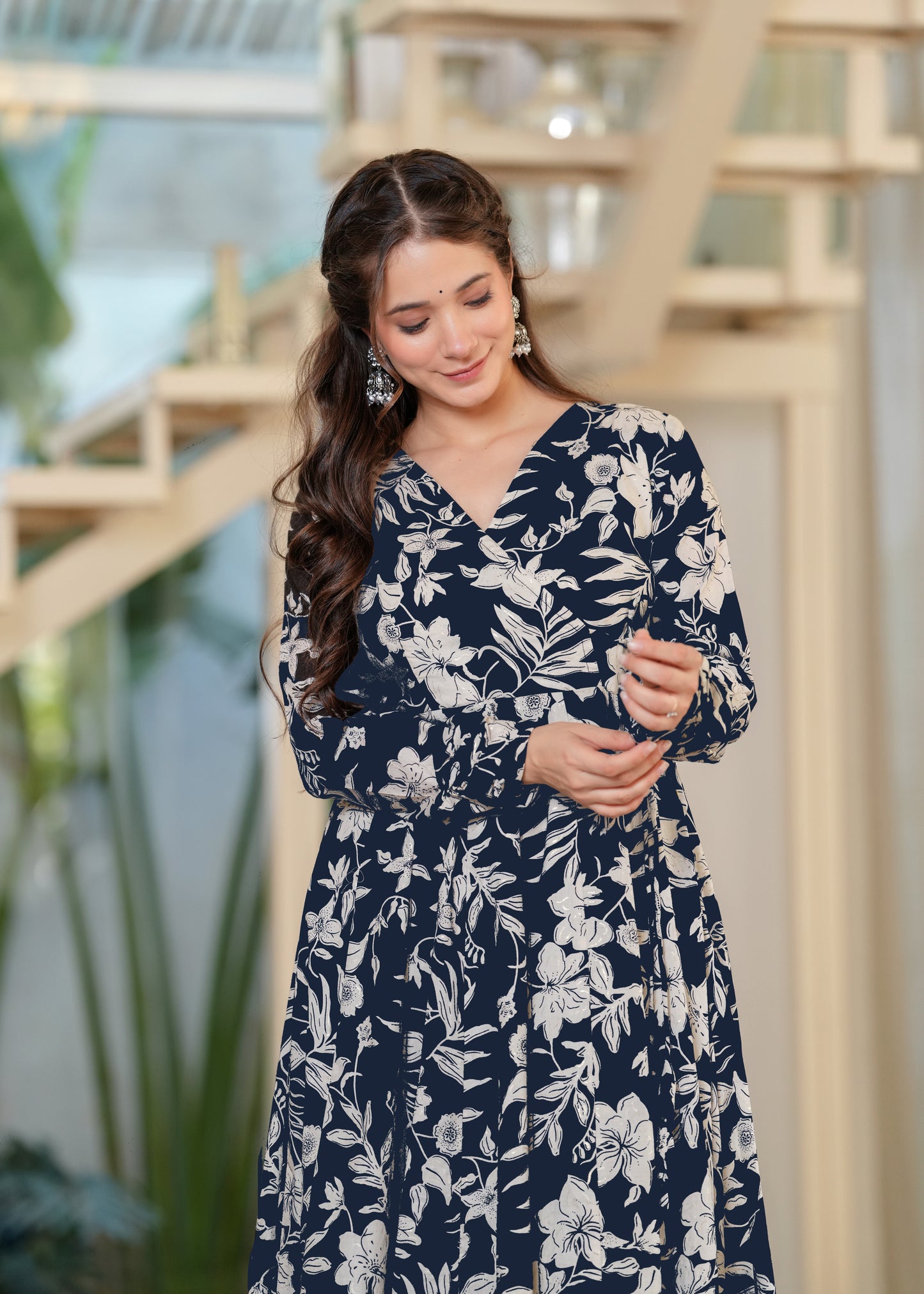 Blue Cambric Cotton Floral Print Anarkali Kurta With Palazzo Set