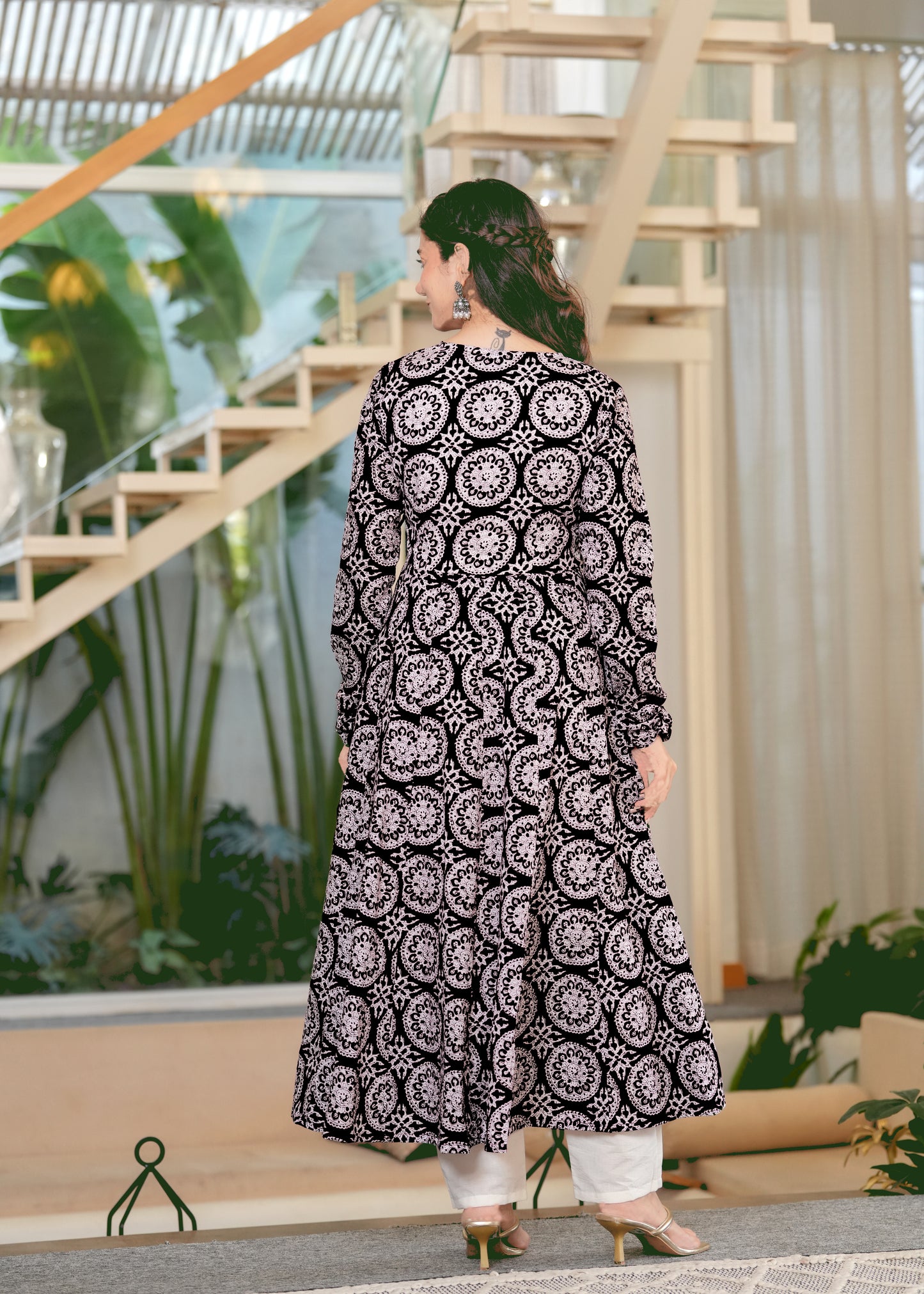 Black Cambric Cotton Ethnic Motif Anarkali Kurta With Palazzo Set