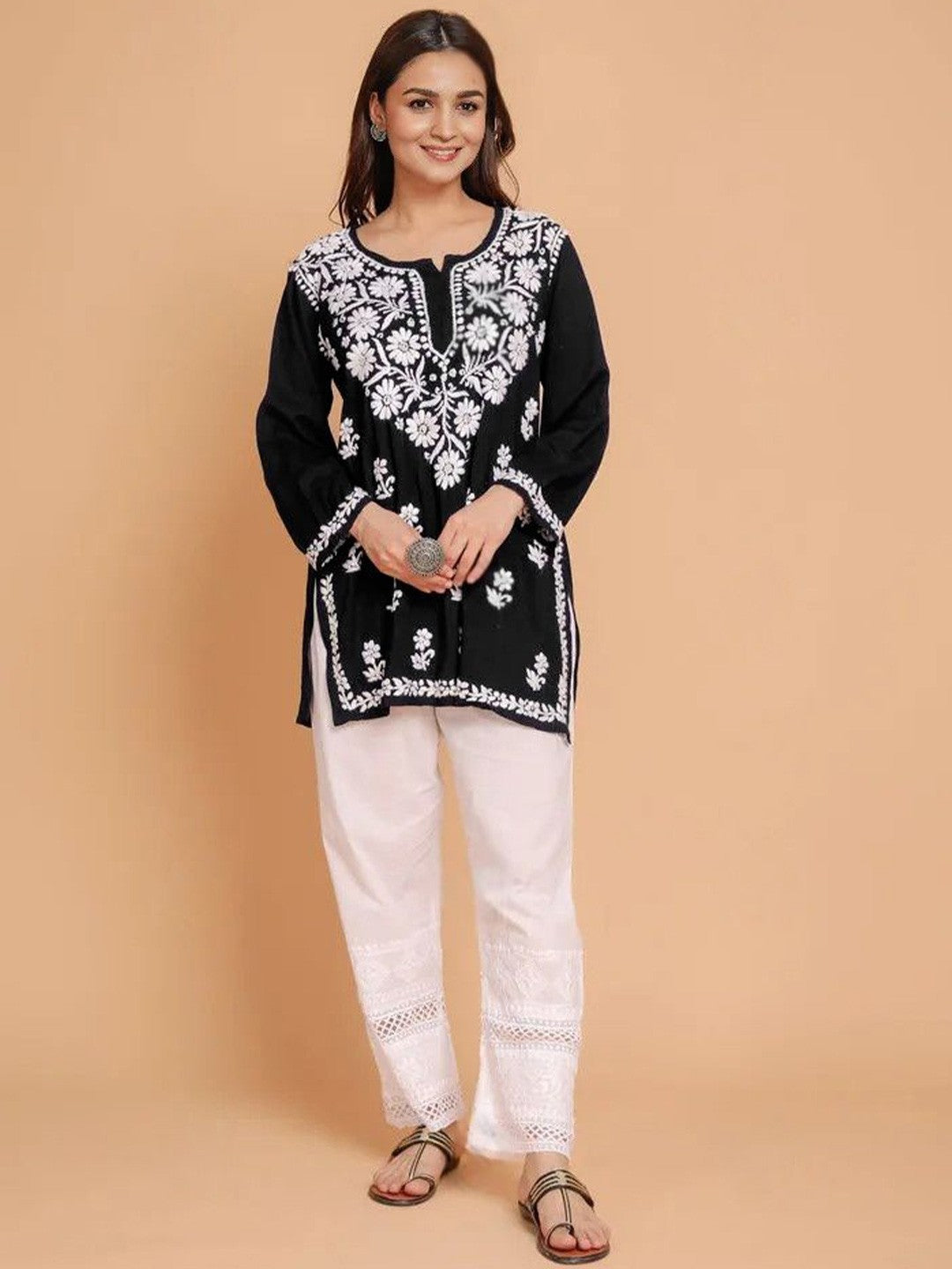 Black Solid Round Neck Chikankari Pure Cotton Straight Kurti