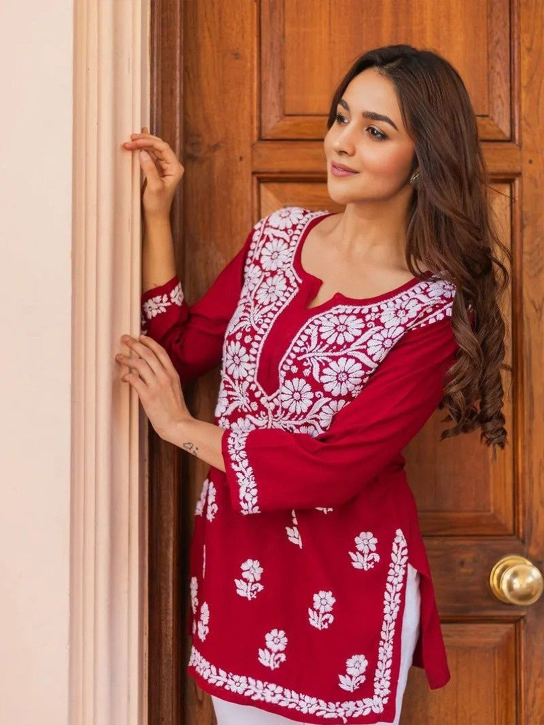 Red Solid Round Neck Chikankari Pure Cotton Straight Kurti