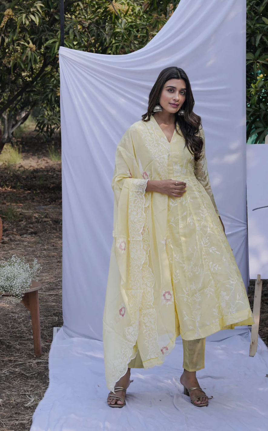 Yellow Anarkali Ethnic Motifs Embroidered Thread Kurta & Trousers With Dupatta