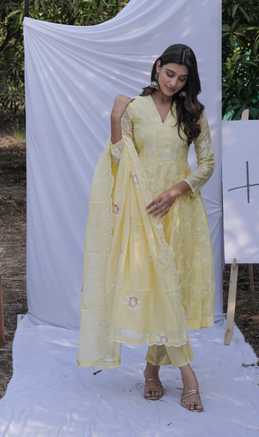 Yellow Anarkali Ethnic Motifs Embroidered Thread Kurta & Trousers With Dupatta