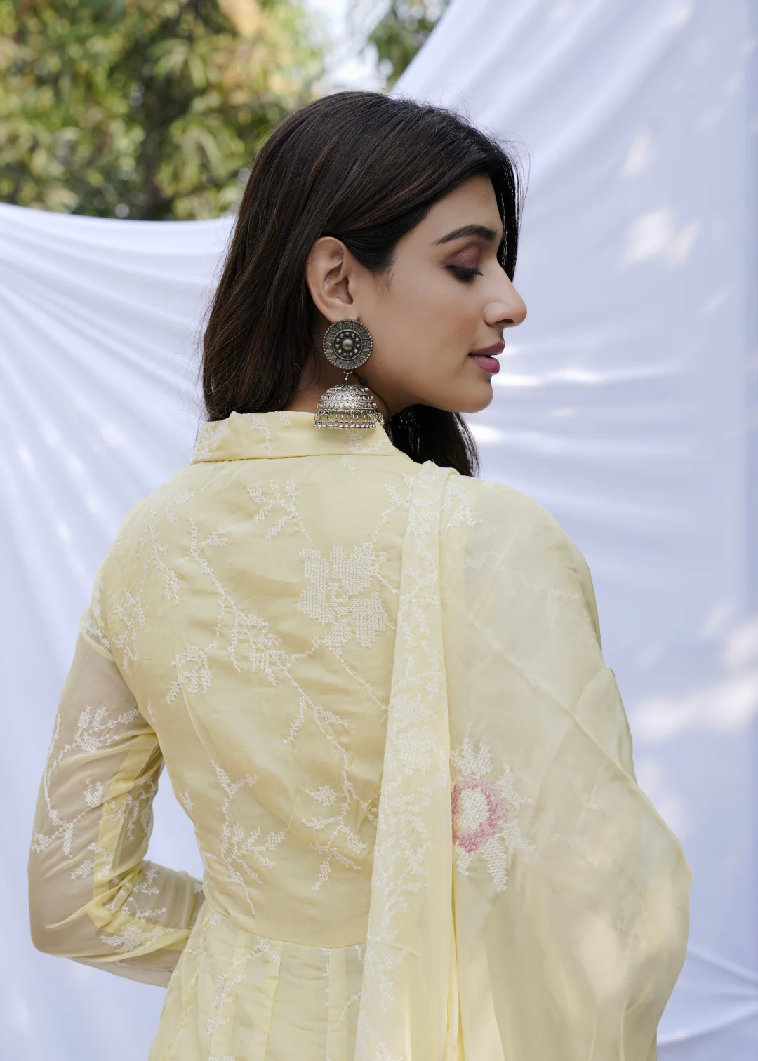 Yellow Anarkali Ethnic Motifs Embroidered Thread Kurta & Trousers With Dupatta