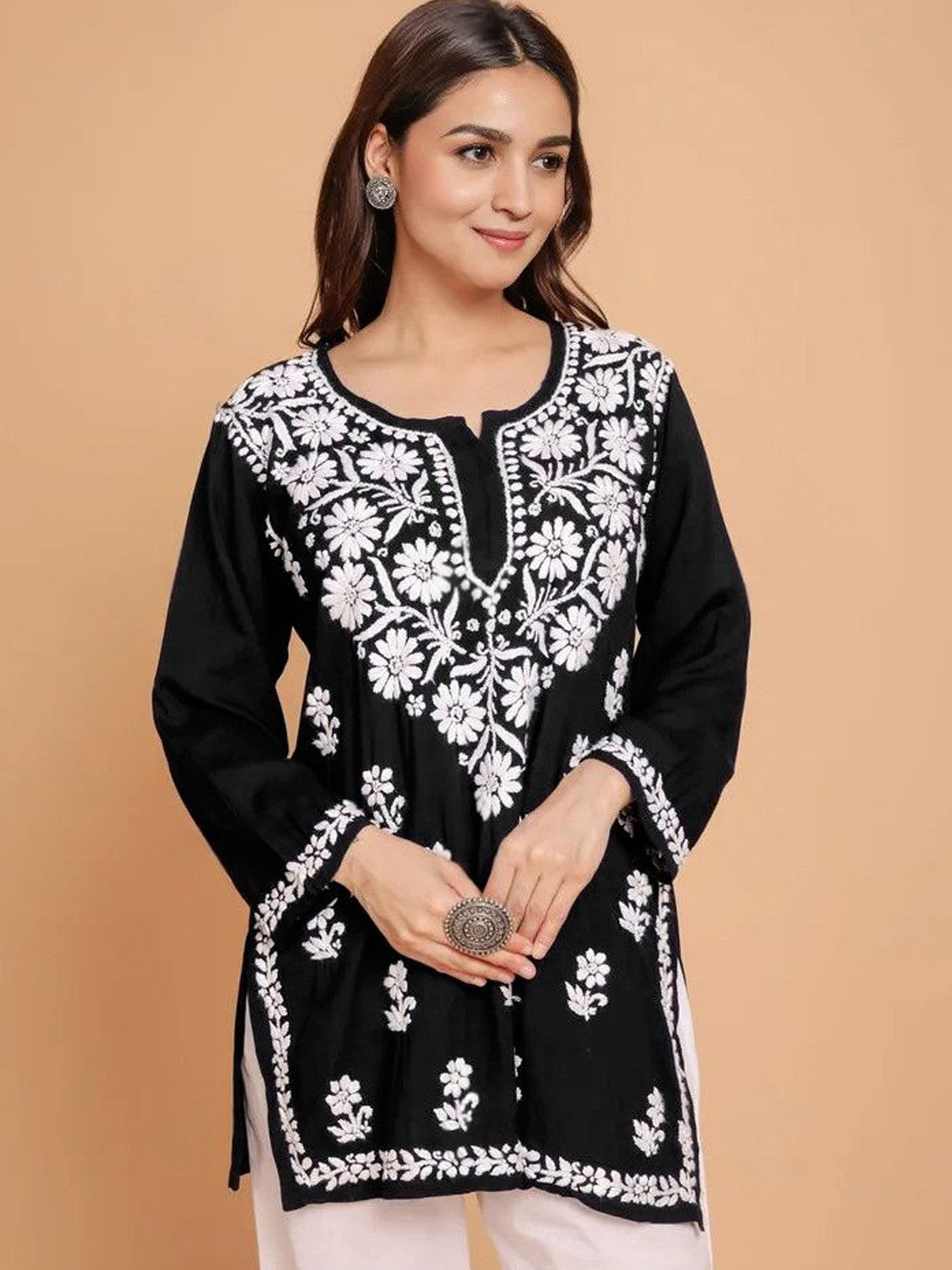 Black Solid Round Neck Chikankari Pure Cotton Straight Kurti