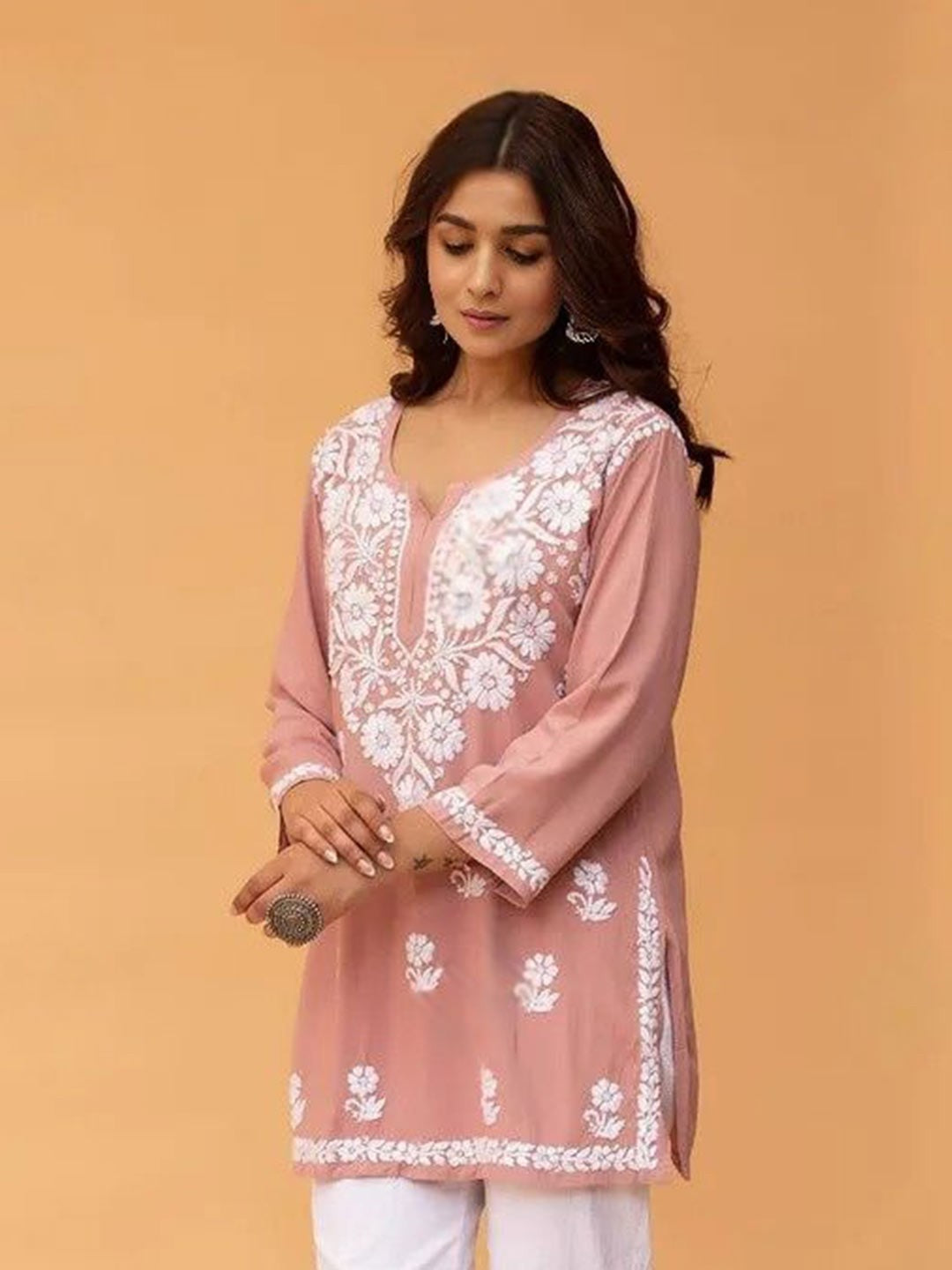 Peach Solid Round Neck Chikankari Pure Cotton Straight Kurti