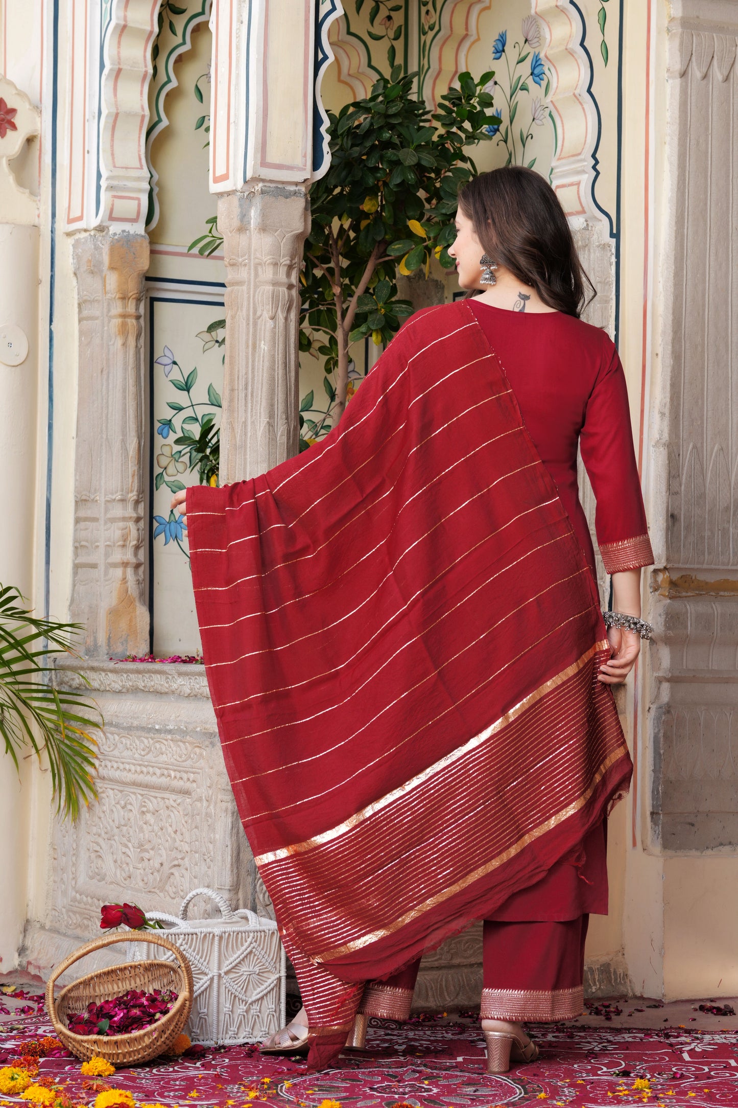 Maroon Straight Jacquard Patch Kurta and Palazzo With Dupatta