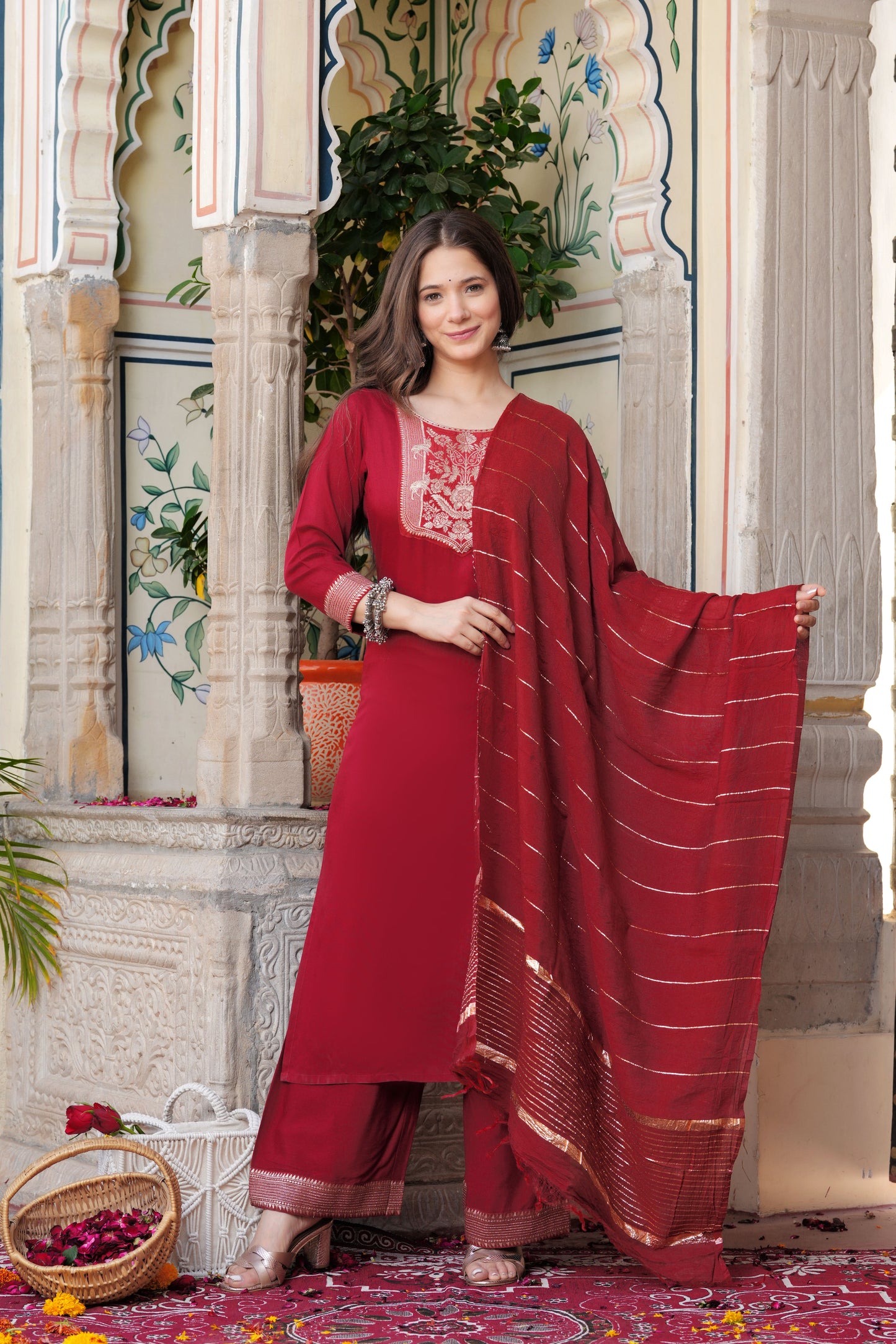 Maroon Straight Jacquard Patch Kurta and Palazzo With Dupatta