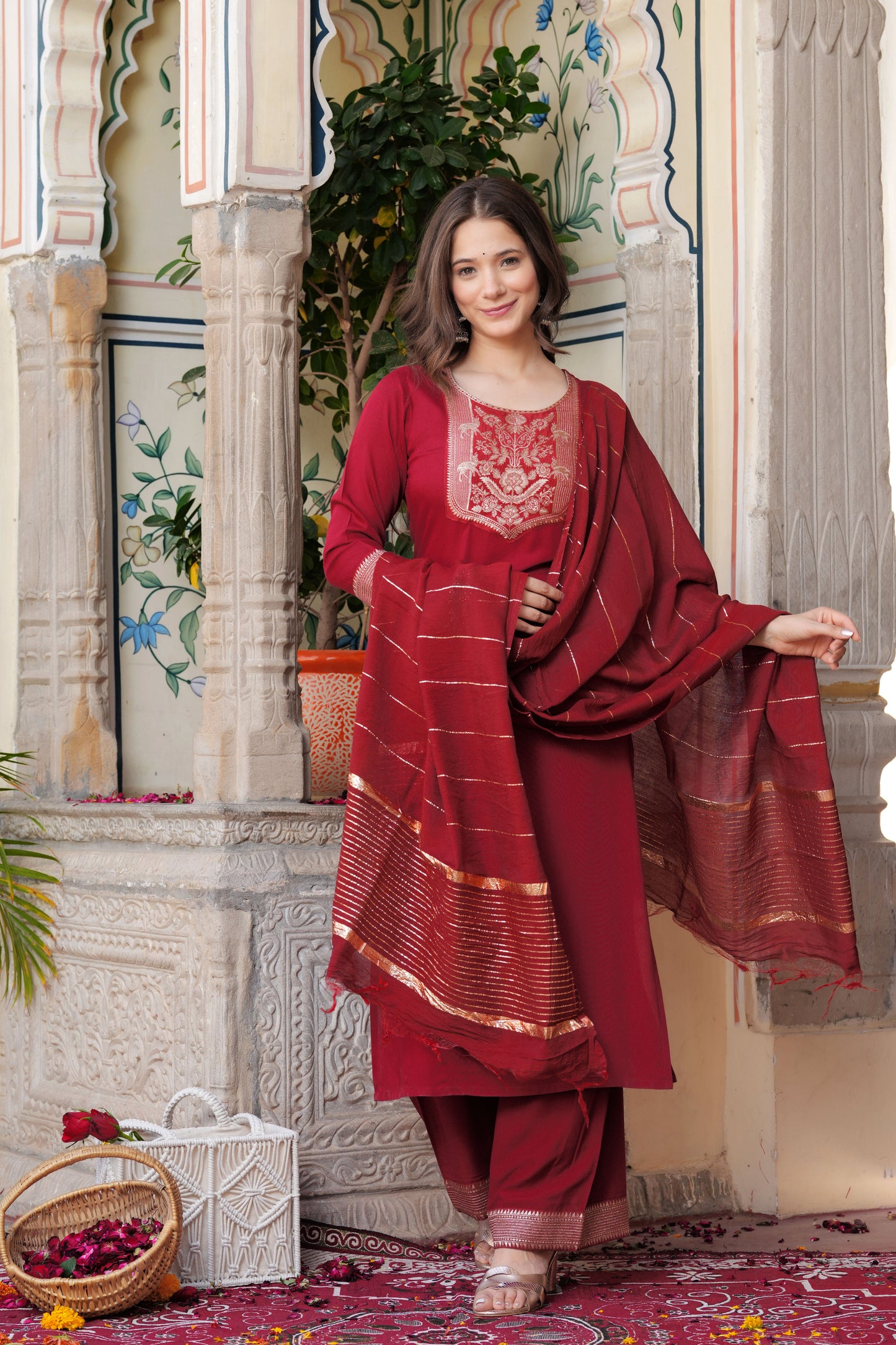 Maroon Straight Jacquard Patch Kurta and Palazzo With Dupatta