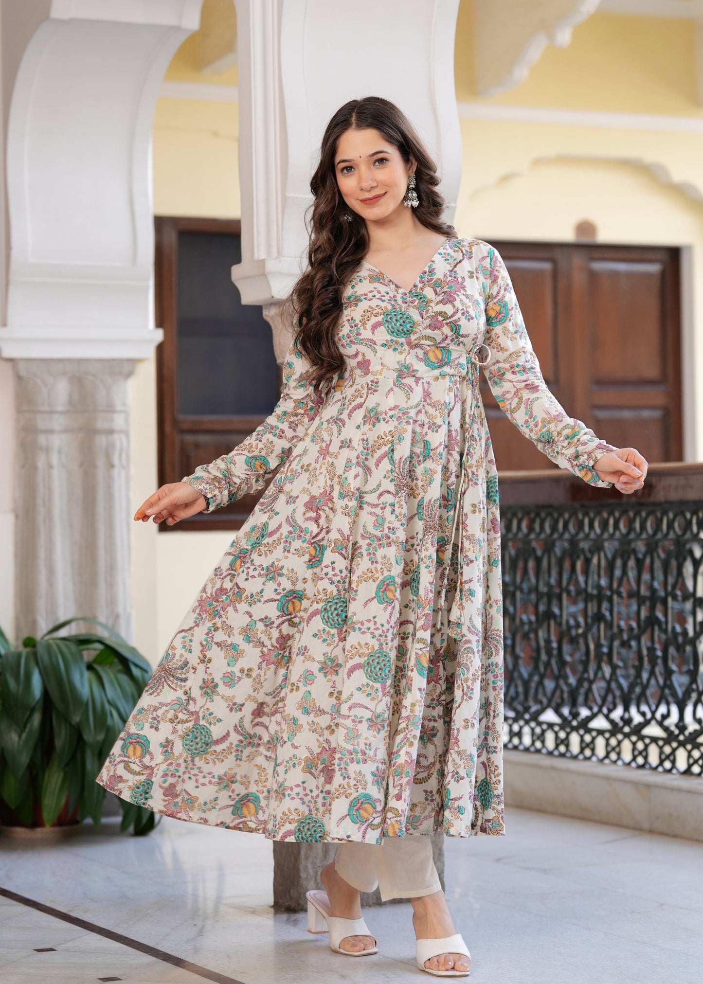 Blue Cambric Cotton Ethnic Motif Anarkali Kurta With Palazzo Set