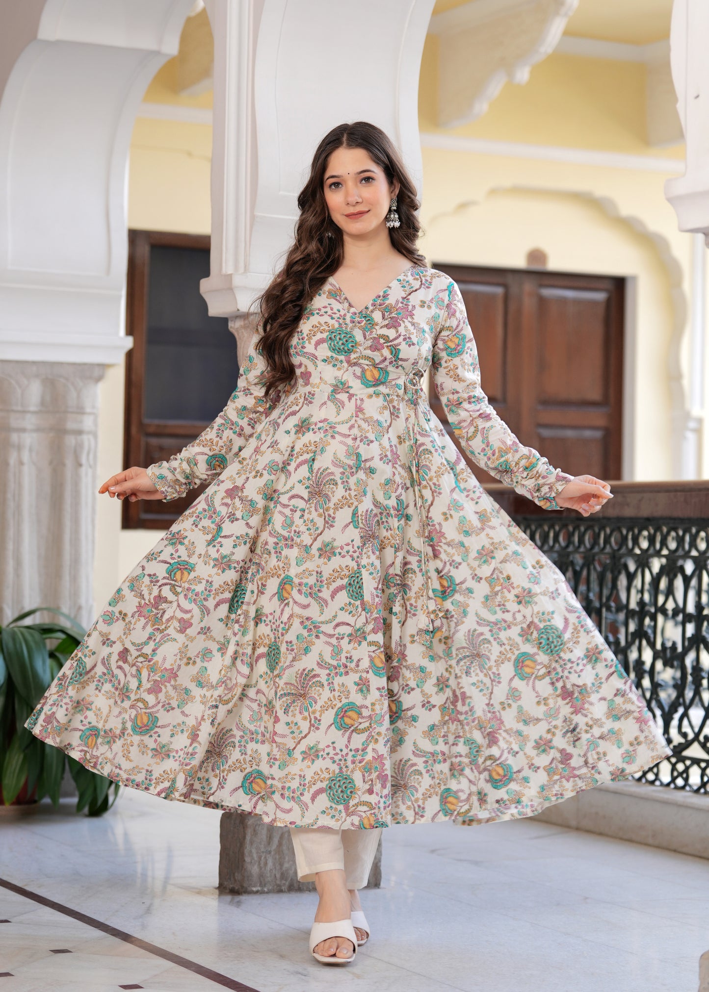 Blue Cambric Cotton Ethnic Motif Anarkali Kurta With Palazzo Set