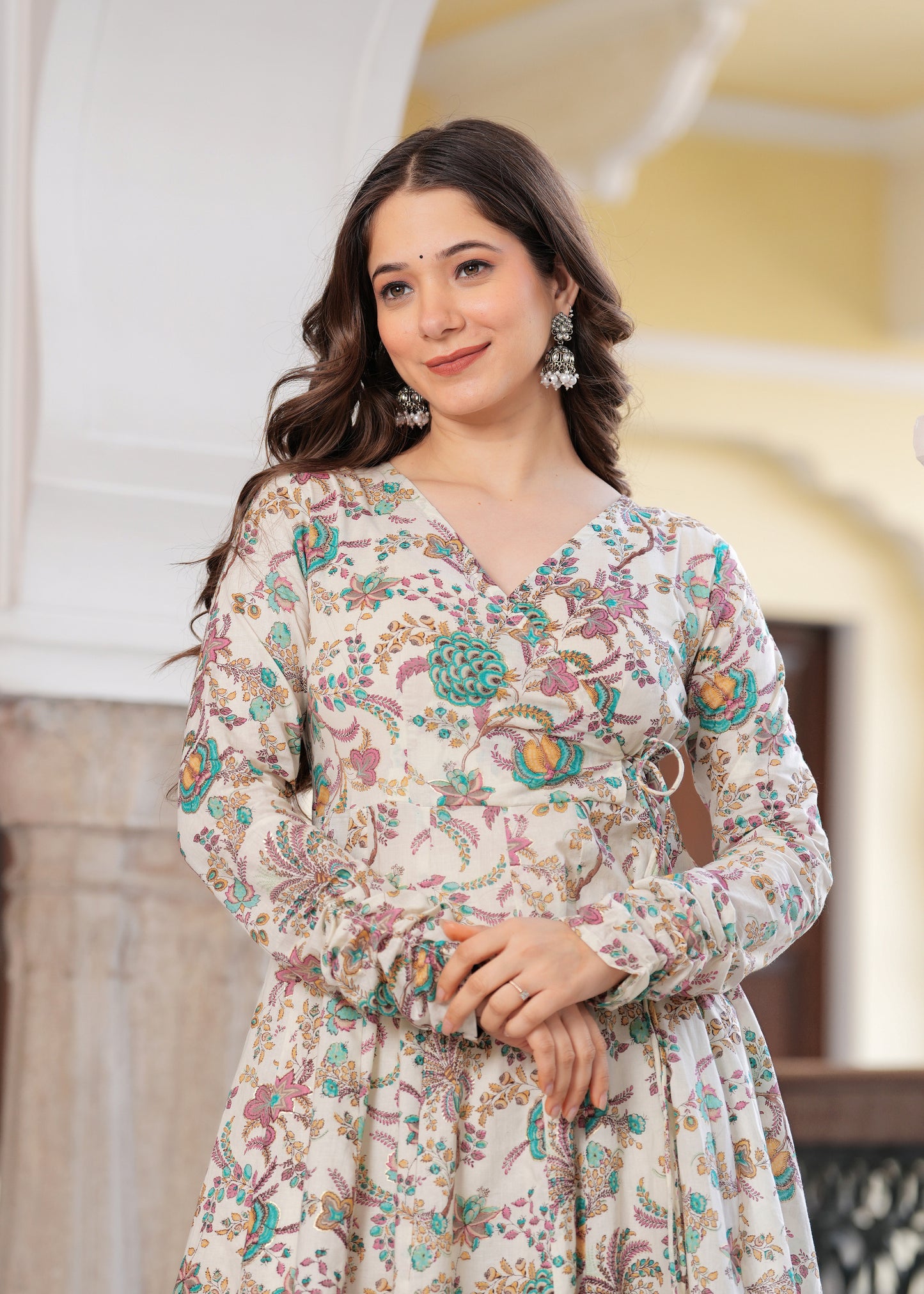 Blue Cambric Cotton Ethnic Motif Anarkali Kurta With Palazzo Set