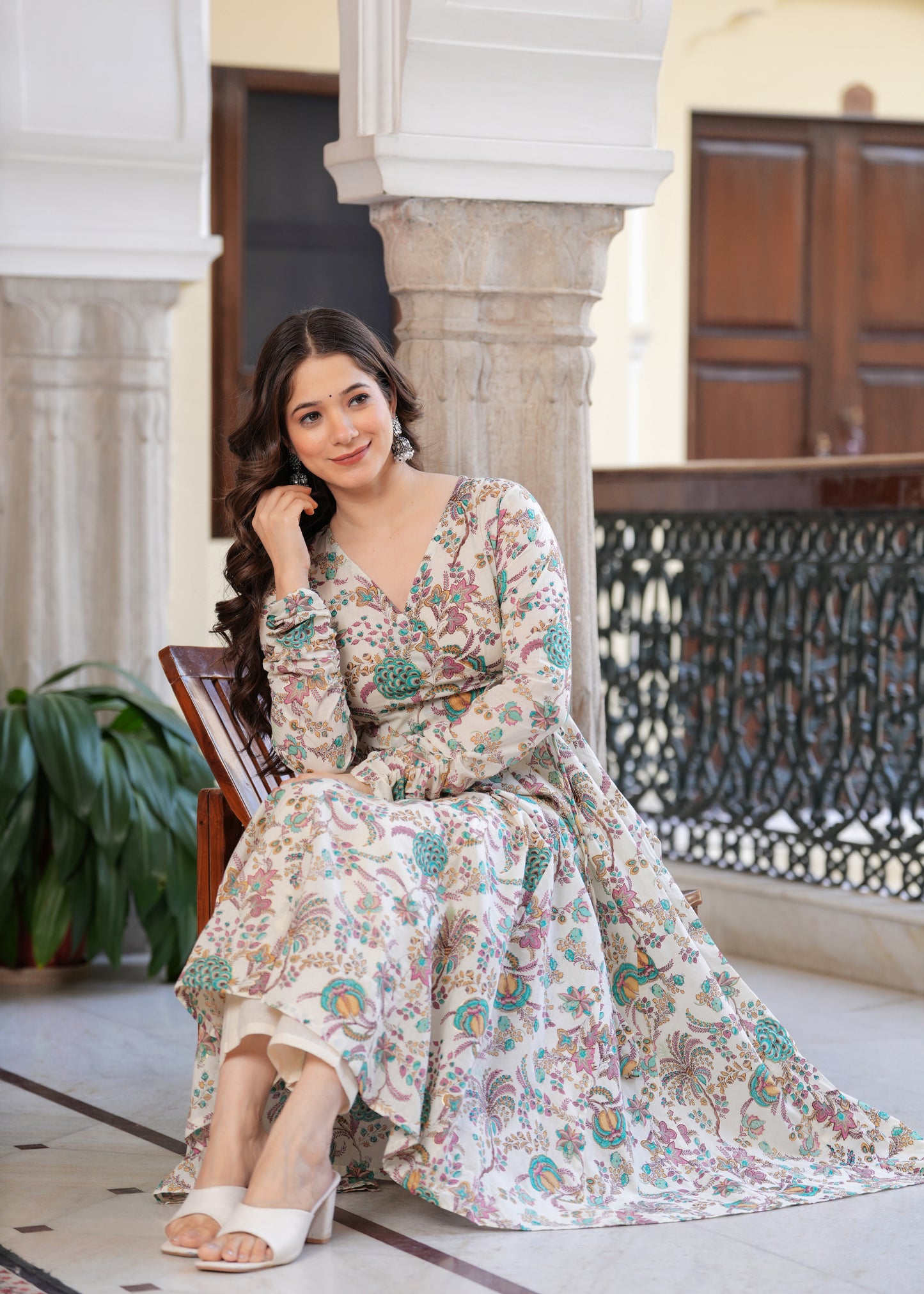 Blue Cambric Cotton Ethnic Motif Anarkali Kurta With Palazzo Set