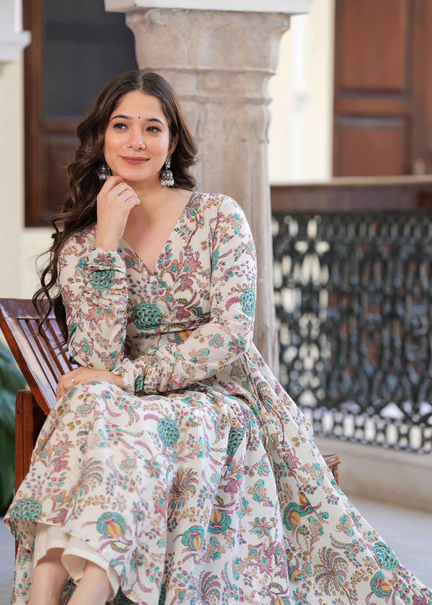 Blue Cambric Cotton Ethnic Motif Anarkali Kurta With Palazzo Set