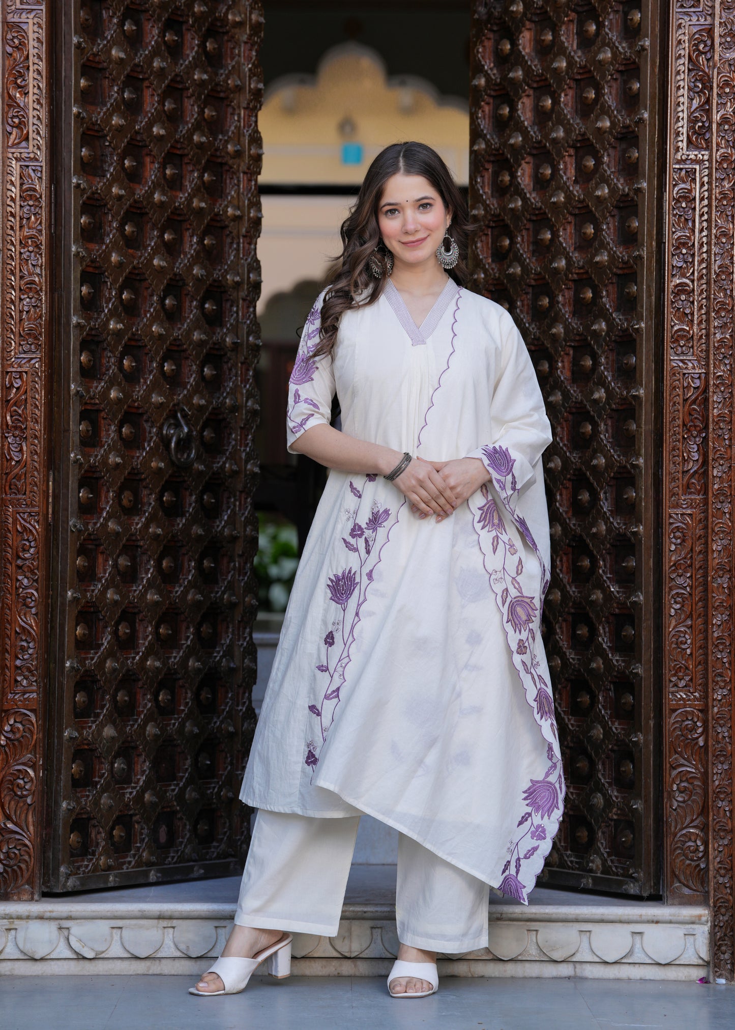 Beige Cambric Cotton Straight Embroidery Kurta and Palazzo With Dupatta Set