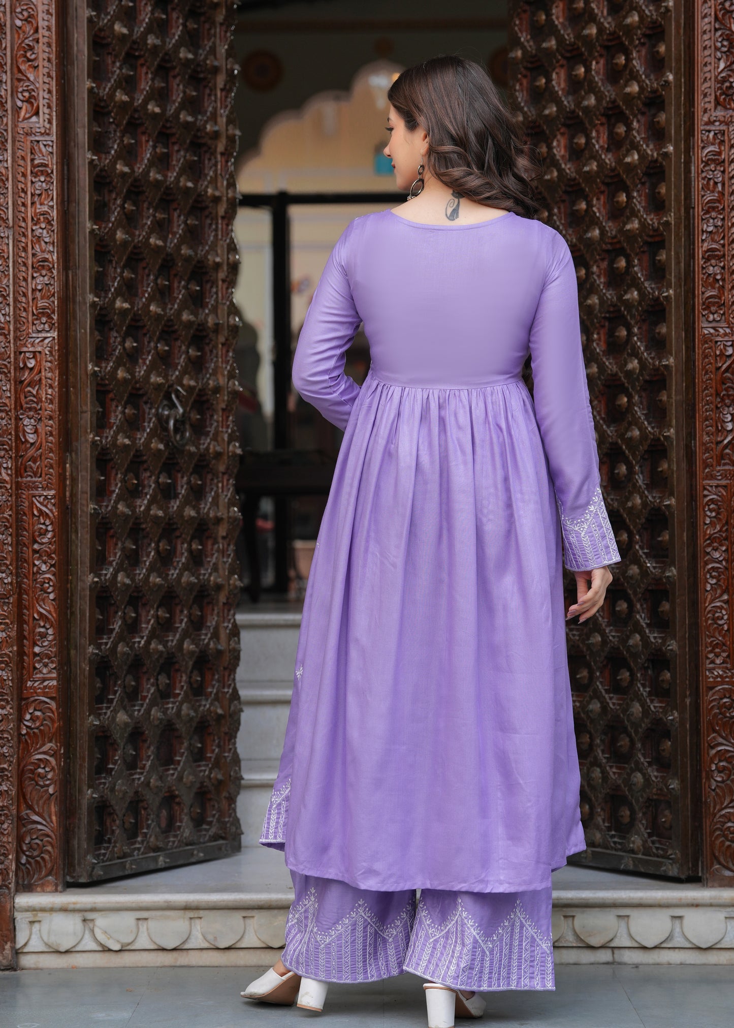 Purple Rayon Ethnic Motif Embroidery Fit And Flared Kurta With Palazzo Set Set