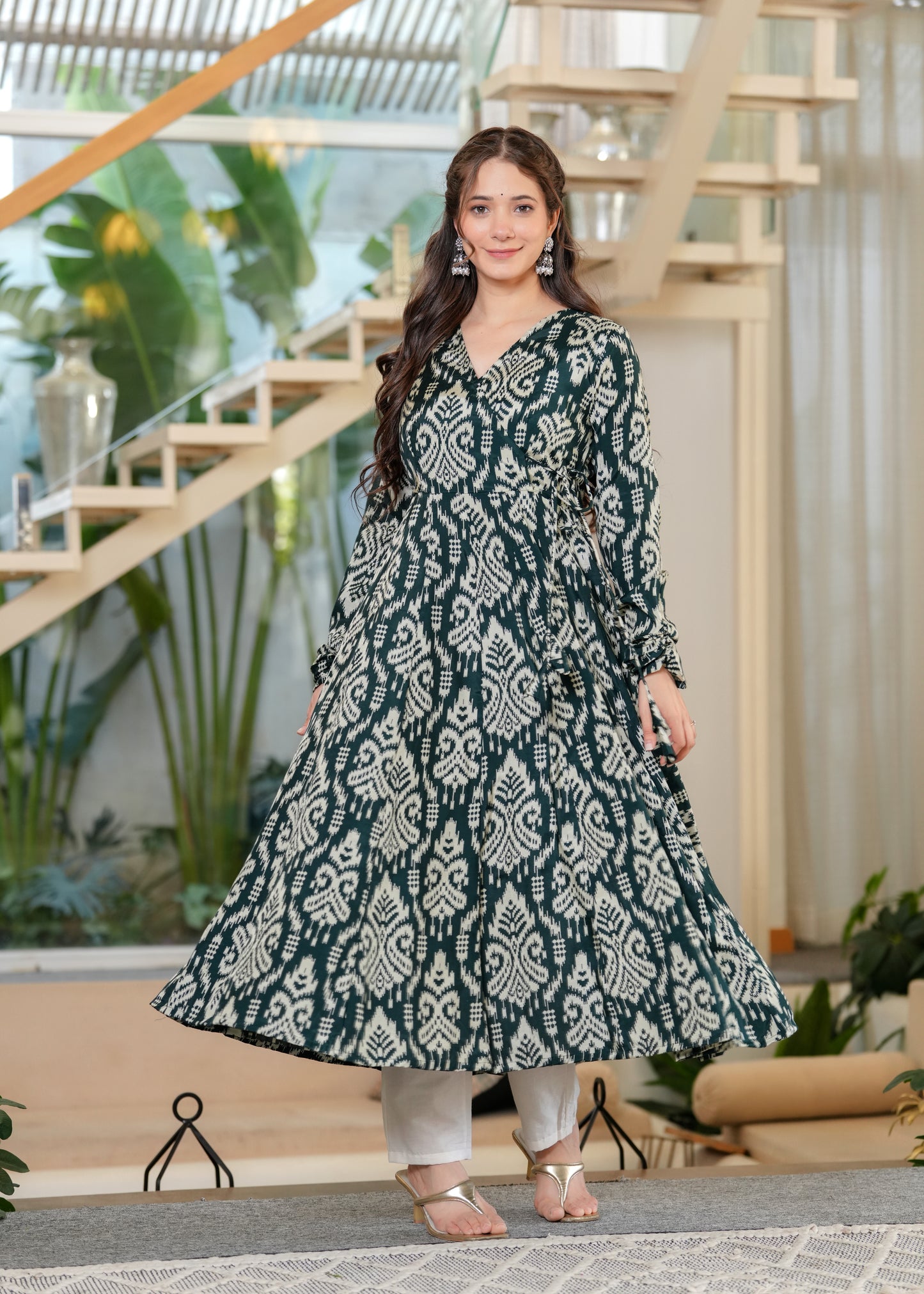 Green Cotton Ikat Anarkali Kurta With Palazzo Set