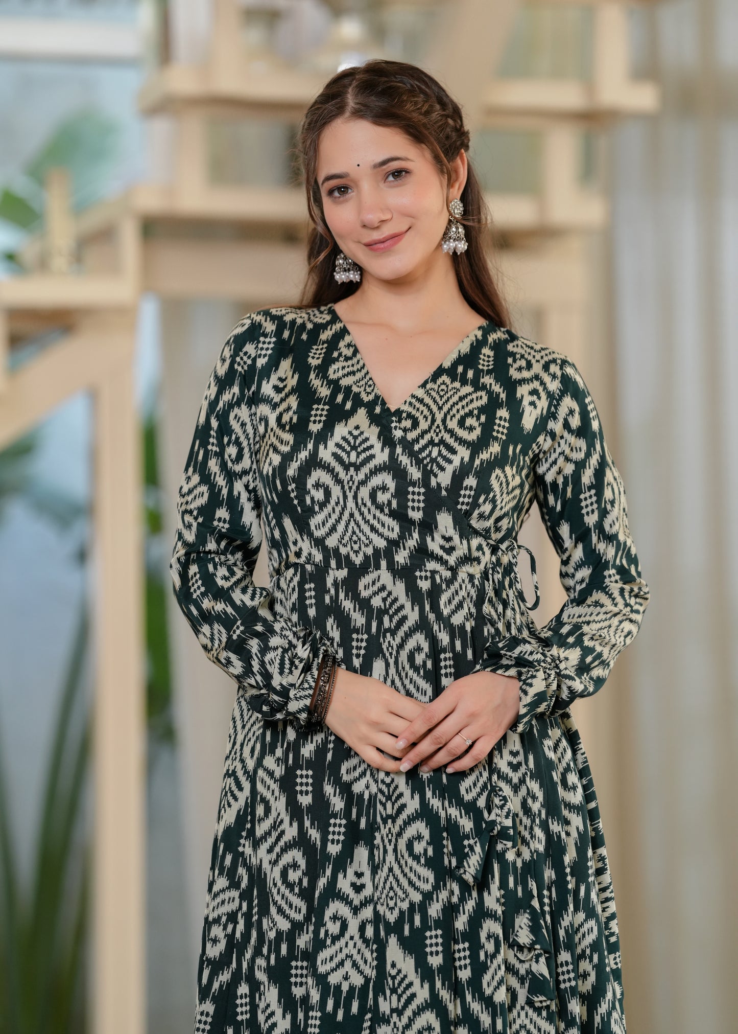 Green Cotton Ikat Anarkali Kurta With Palazzo Set