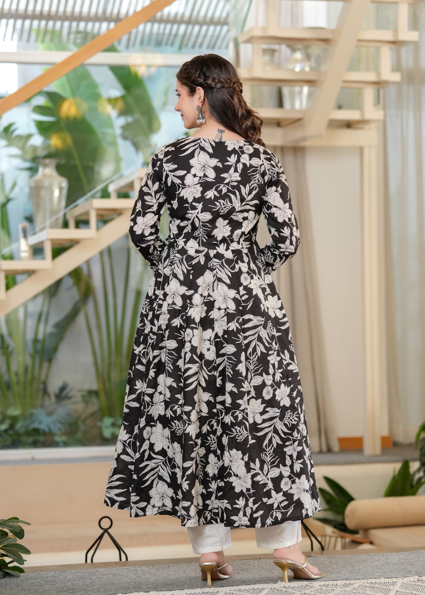 Black Cambric Cotton Floral Print Anarkali Kurta With Palazzo Set