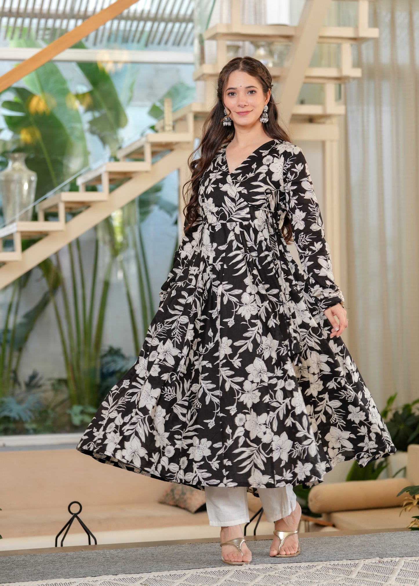 Black Cambric Cotton Floral Print Anarkali Kurta With Palazzo Set