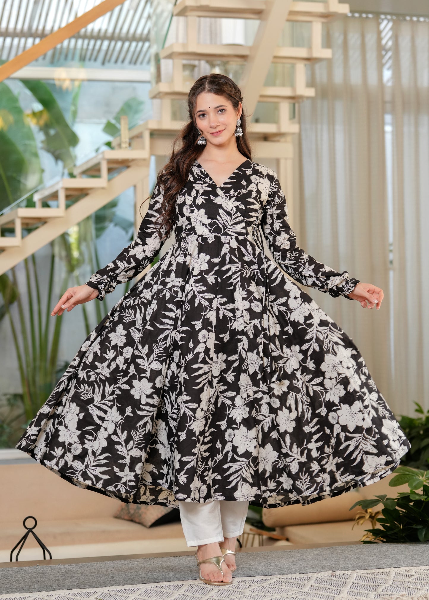 Black Cambric Cotton Floral Print Anarkali Kurta With Palazzo Set