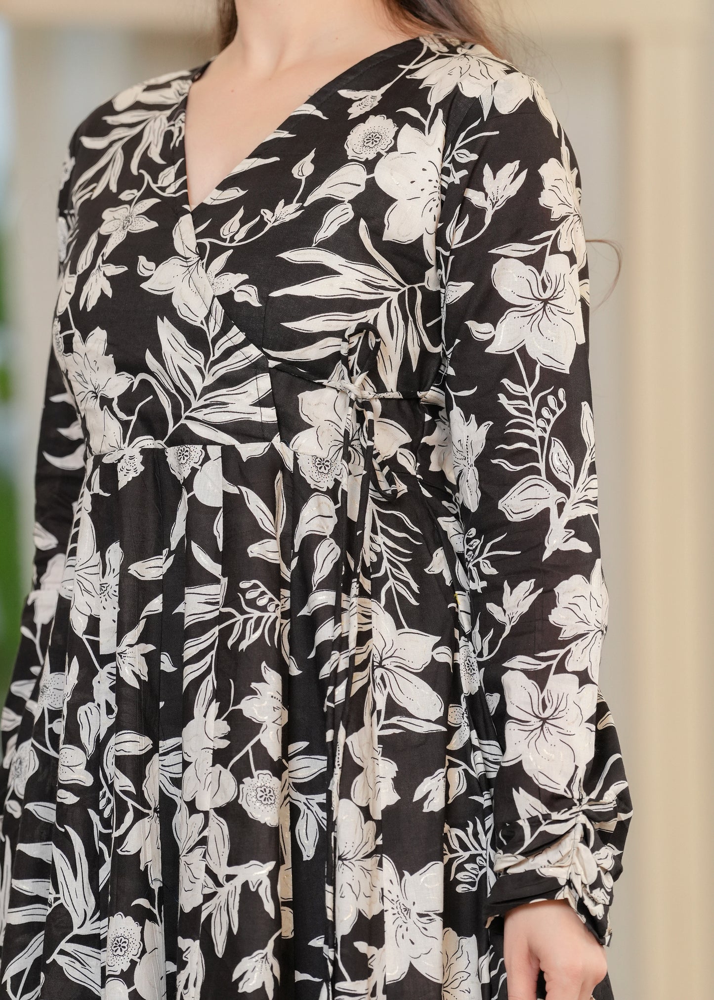 Black Cambric Cotton Floral Print Anarkali Kurta With Palazzo Set