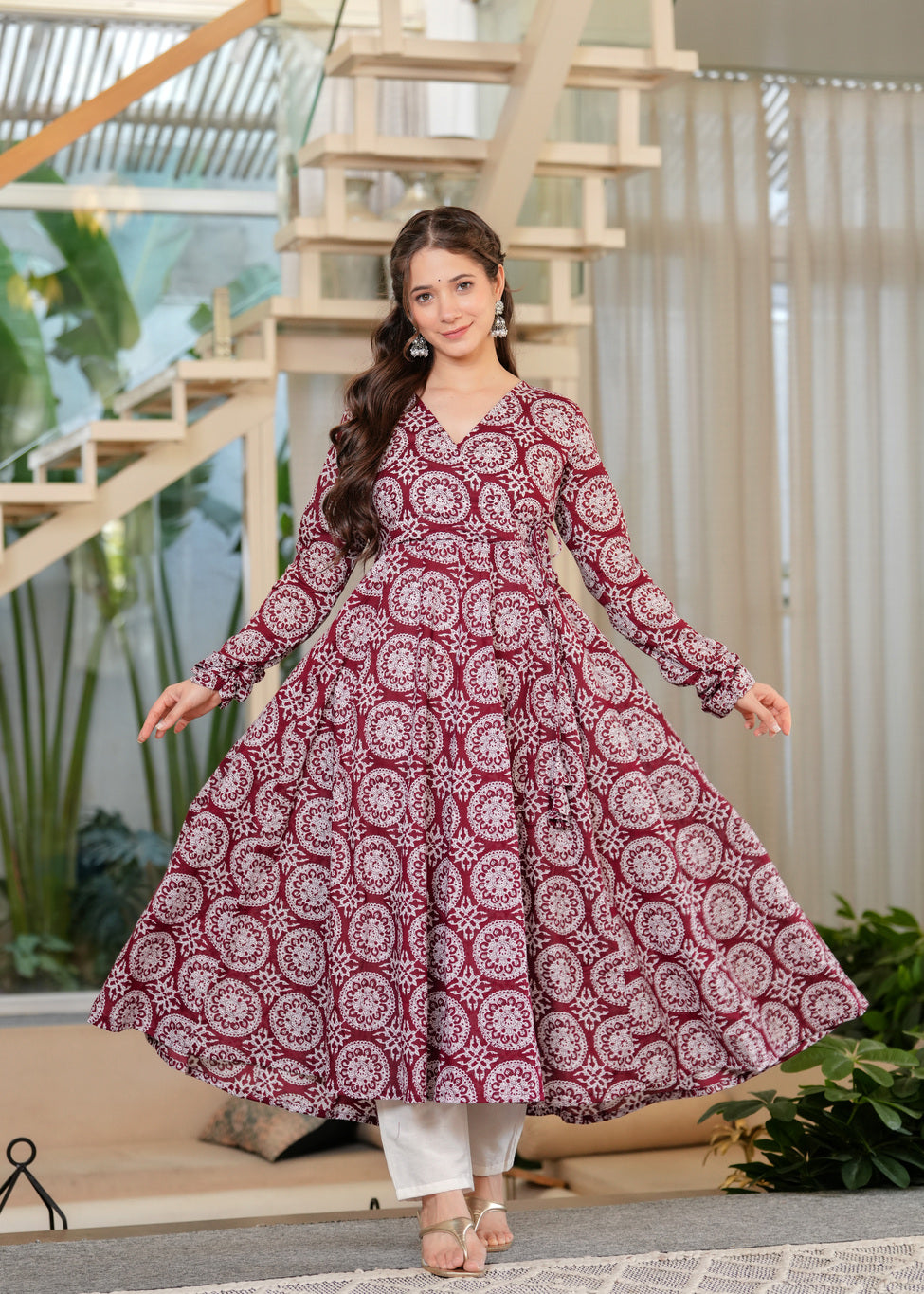 Maroon Cotton Mandala Print Anarkali Kurta With Palazzo Set