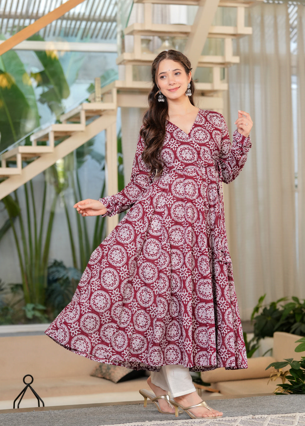 Maroon Cotton Mandala Print Anarkali Kurta With Palazzo Set