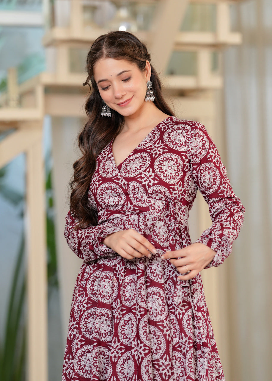Maroon Cotton Mandala Print Anarkali Kurta With Palazzo Set