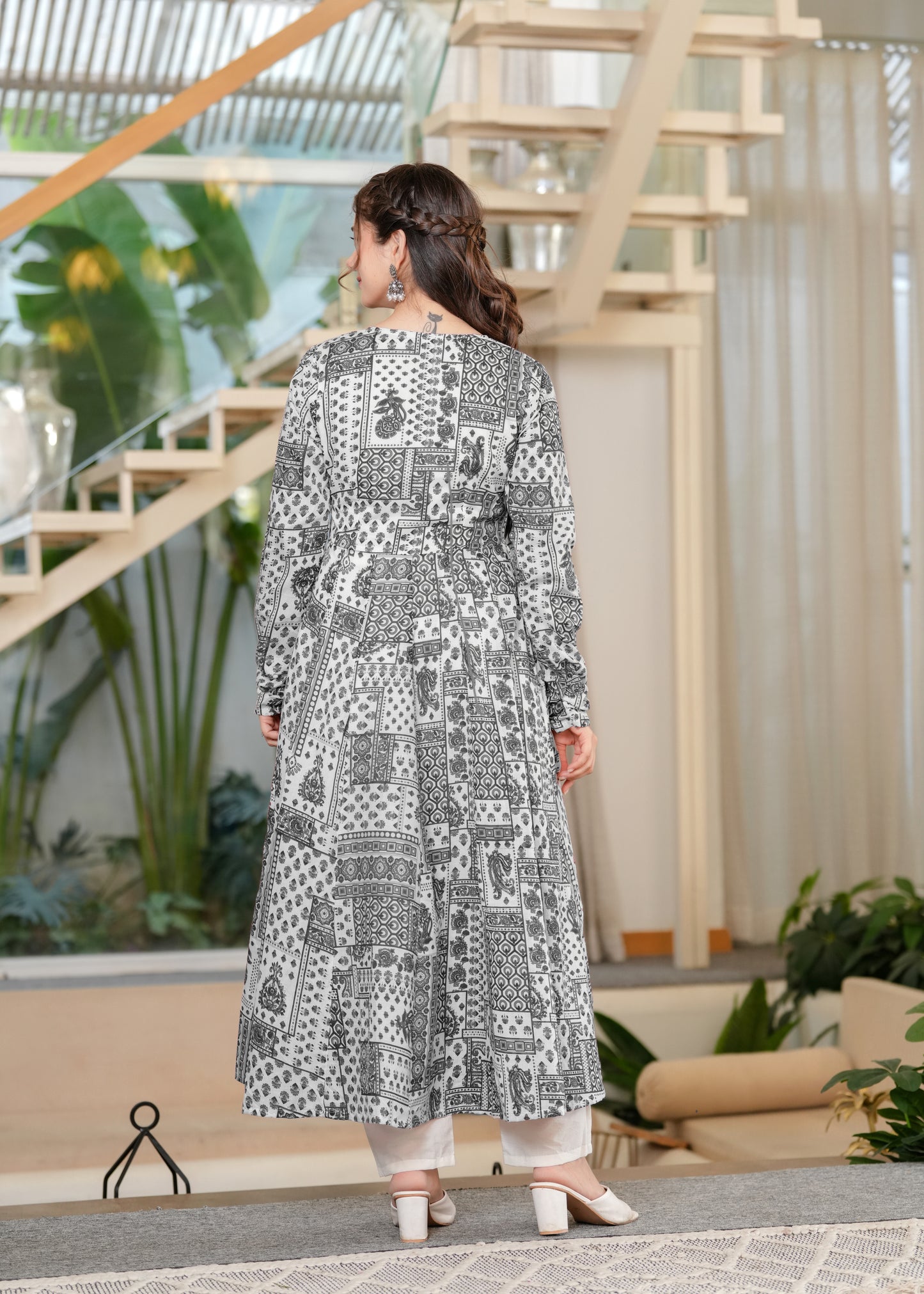Black Cambric Cotton Ethnic Motif Anarkali Kurta With Palazzo Set