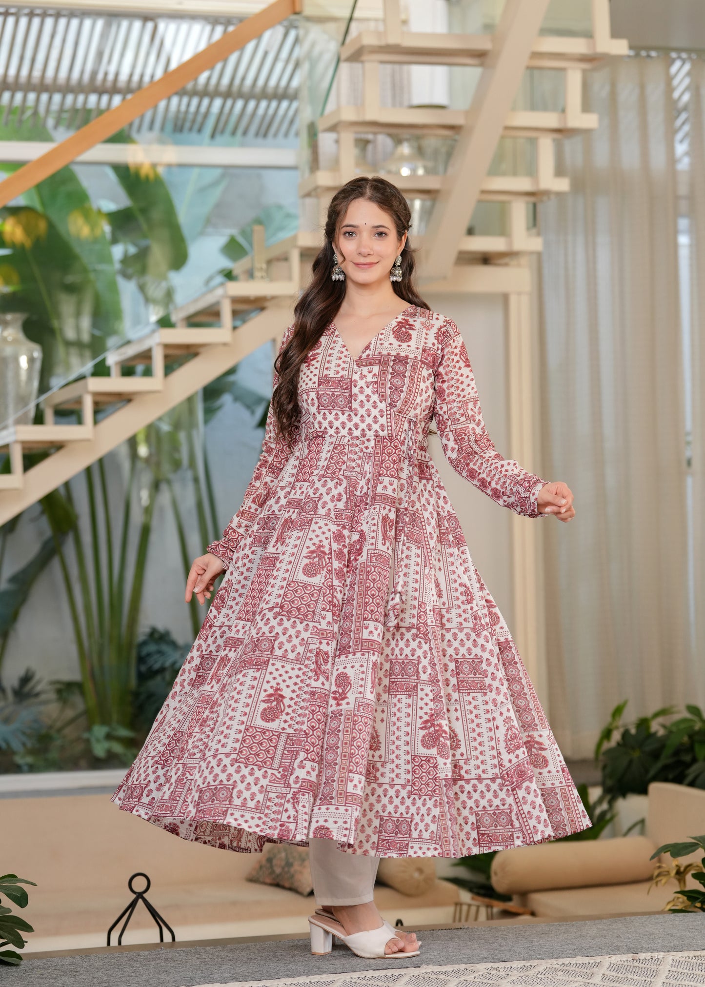 Red Cambric Cotton Ethnic Motif Anarkali Kurta With Palazzo Set