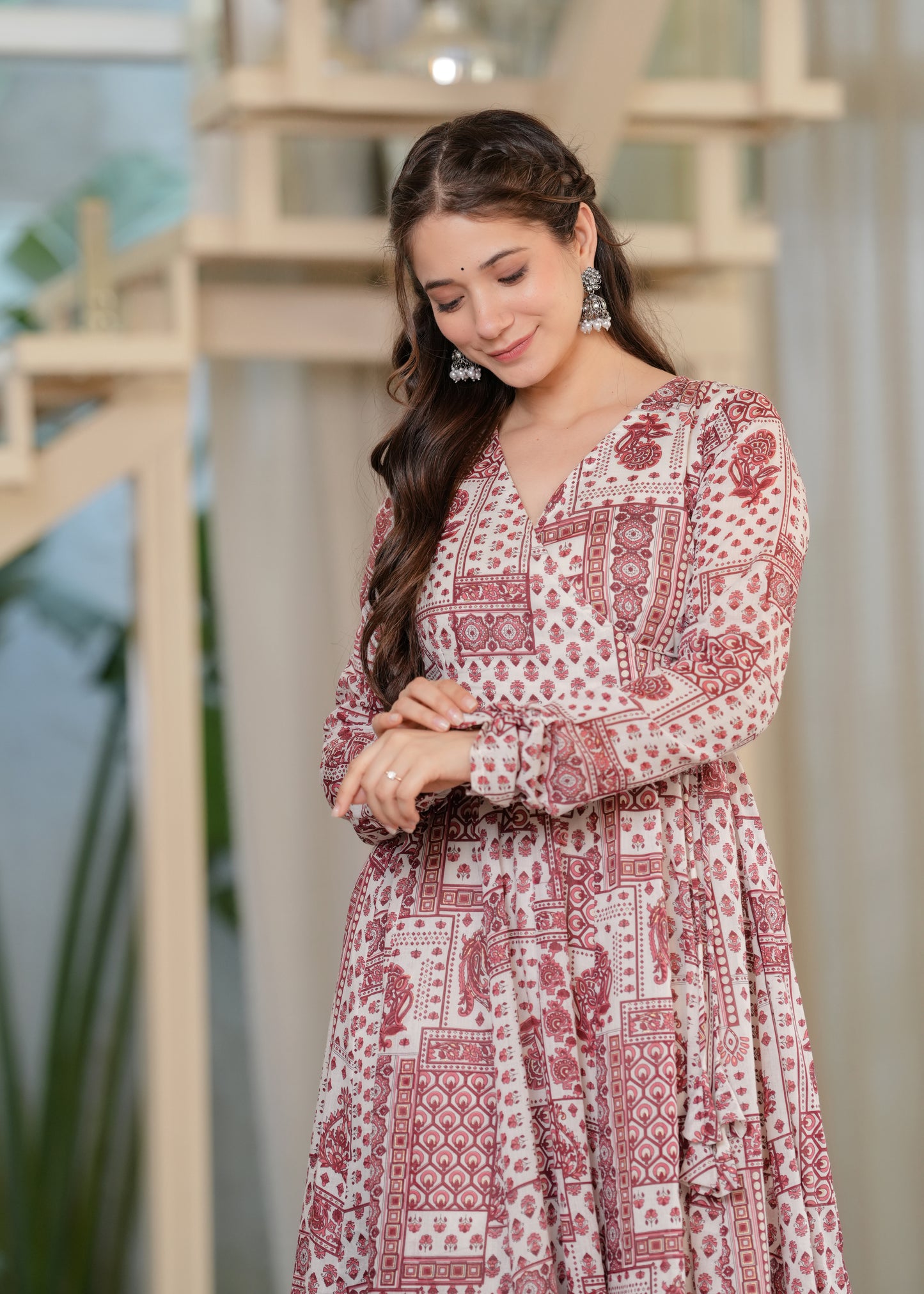 Red Cambric Cotton Ethnic Motif Anarkali Kurta With Palazzo Set