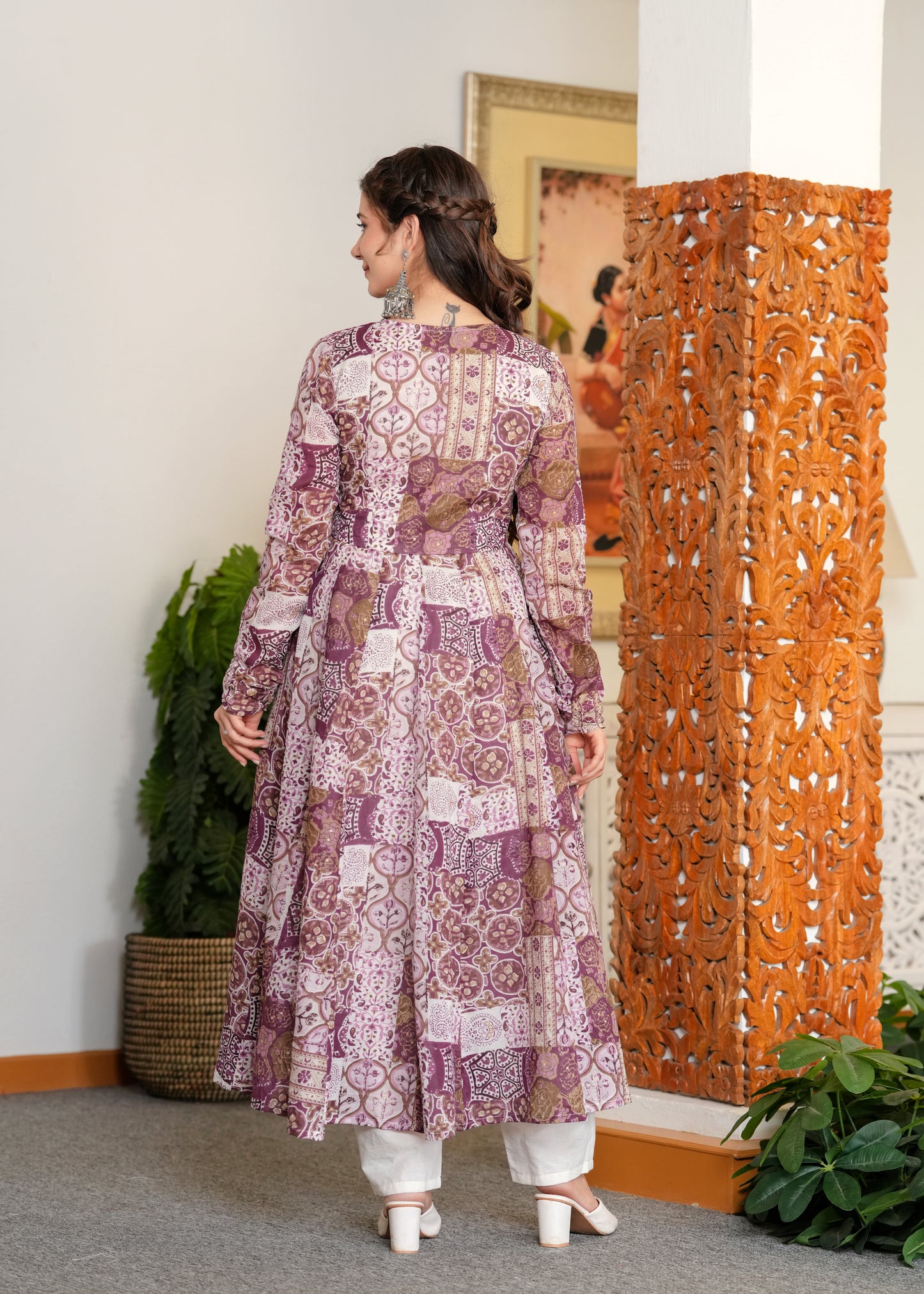 Purple Cambric Cotton Ethnic Motif Anarkali Kurta With Palazzo Set