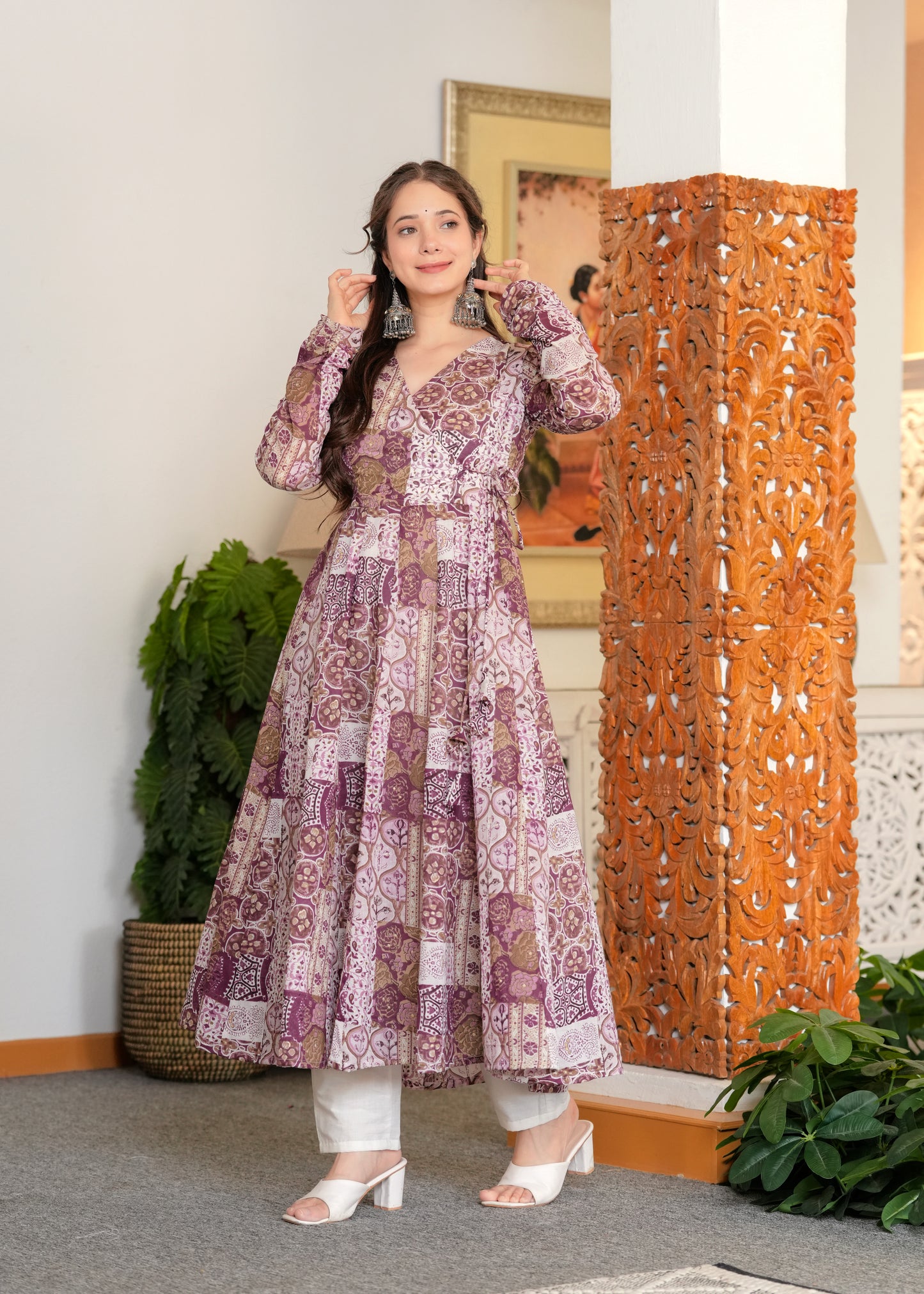 Purple Cambric Cotton Ethnic Motif Anarkali Kurta With Palazzo Set