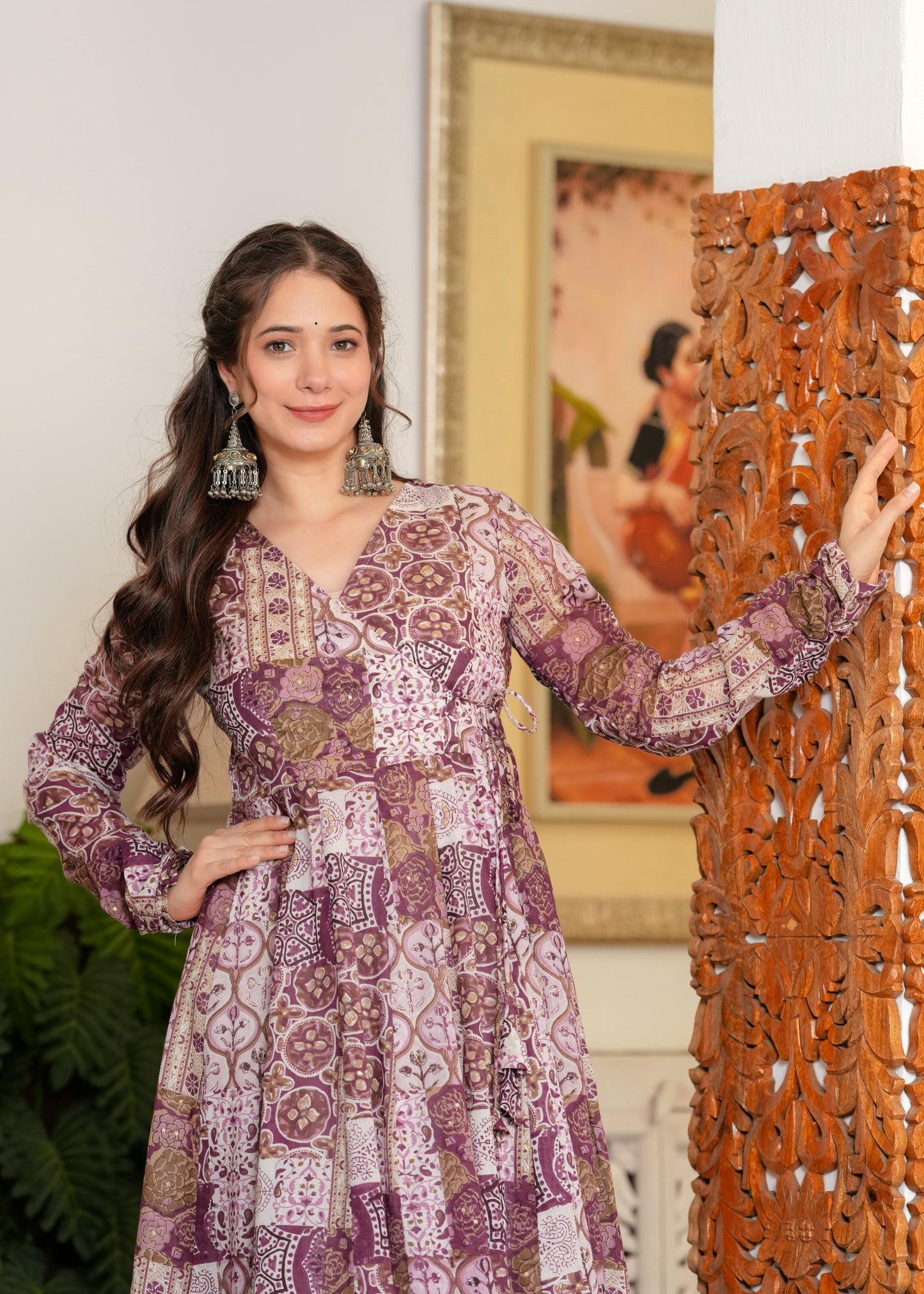Purple Cambric Cotton Ethnic Motif Anarkali Kurta With Palazzo Set