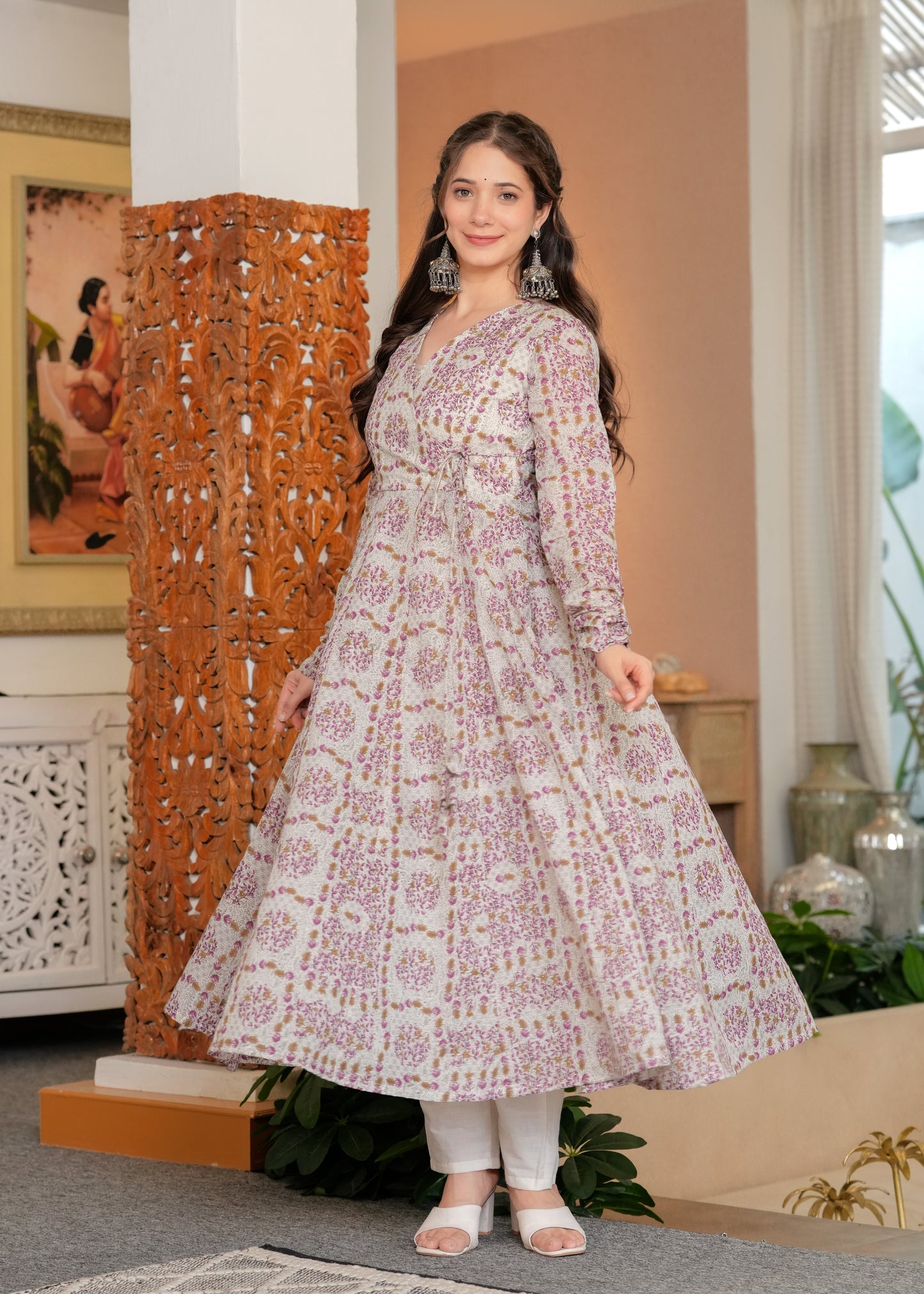 Purple Cambric Cotton Floral Print Anarkali Kurta With Palazzo Set