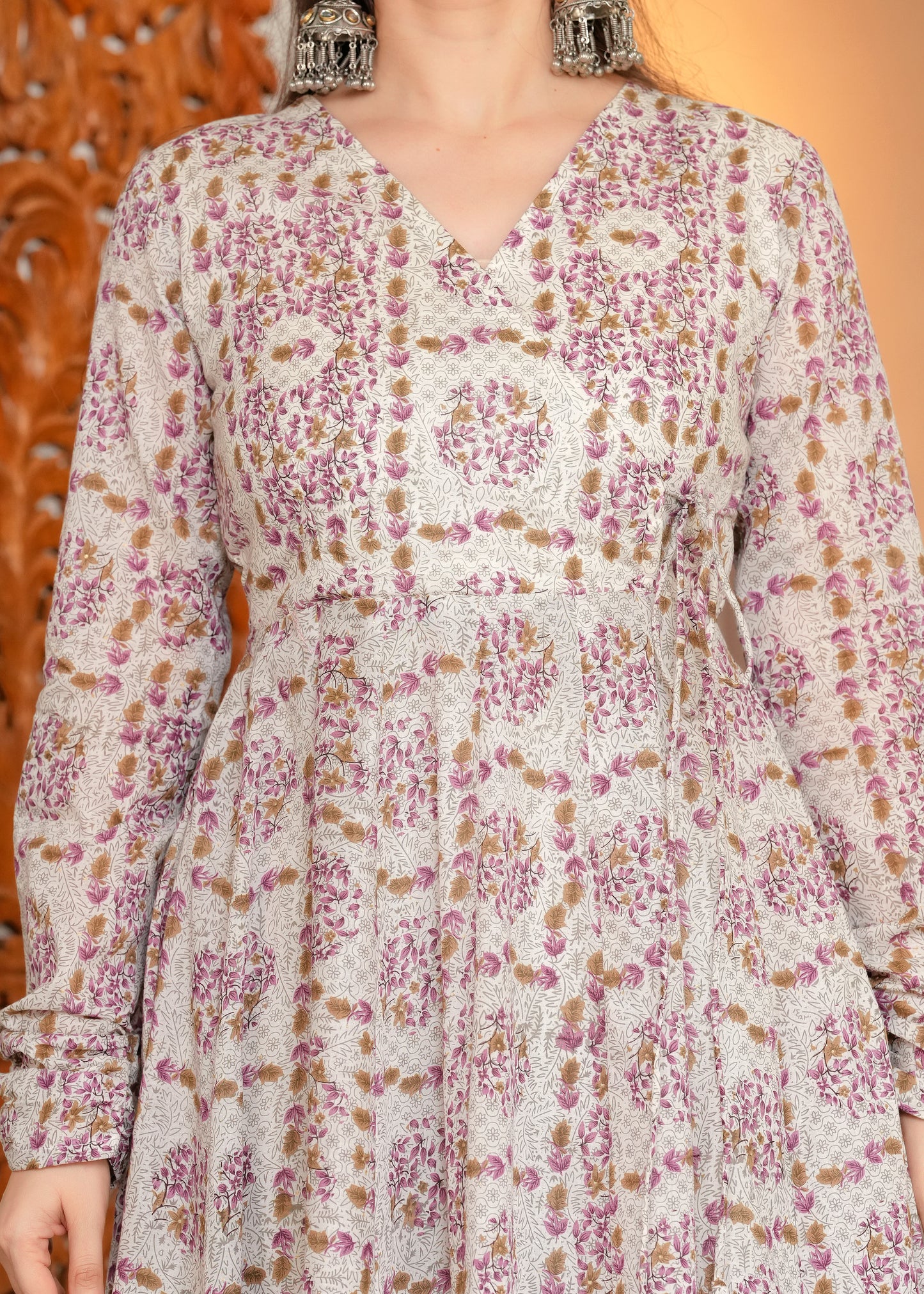 Purple Cambric Cotton Floral Print Anarkali Kurta With Palazzo Set