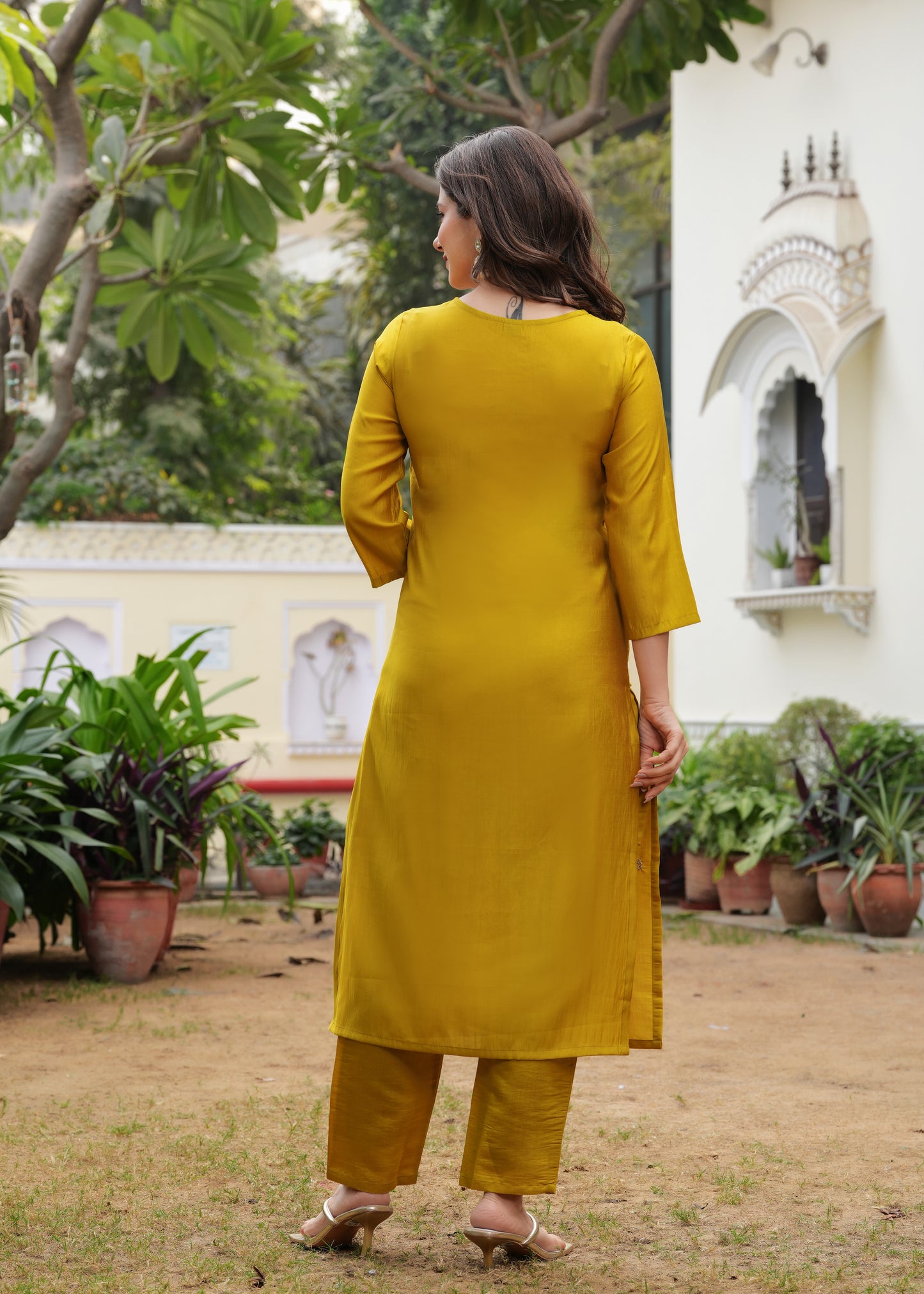 Mustard Viscose Straight Embroidery Work Kurta and Palazzo With Dupatta