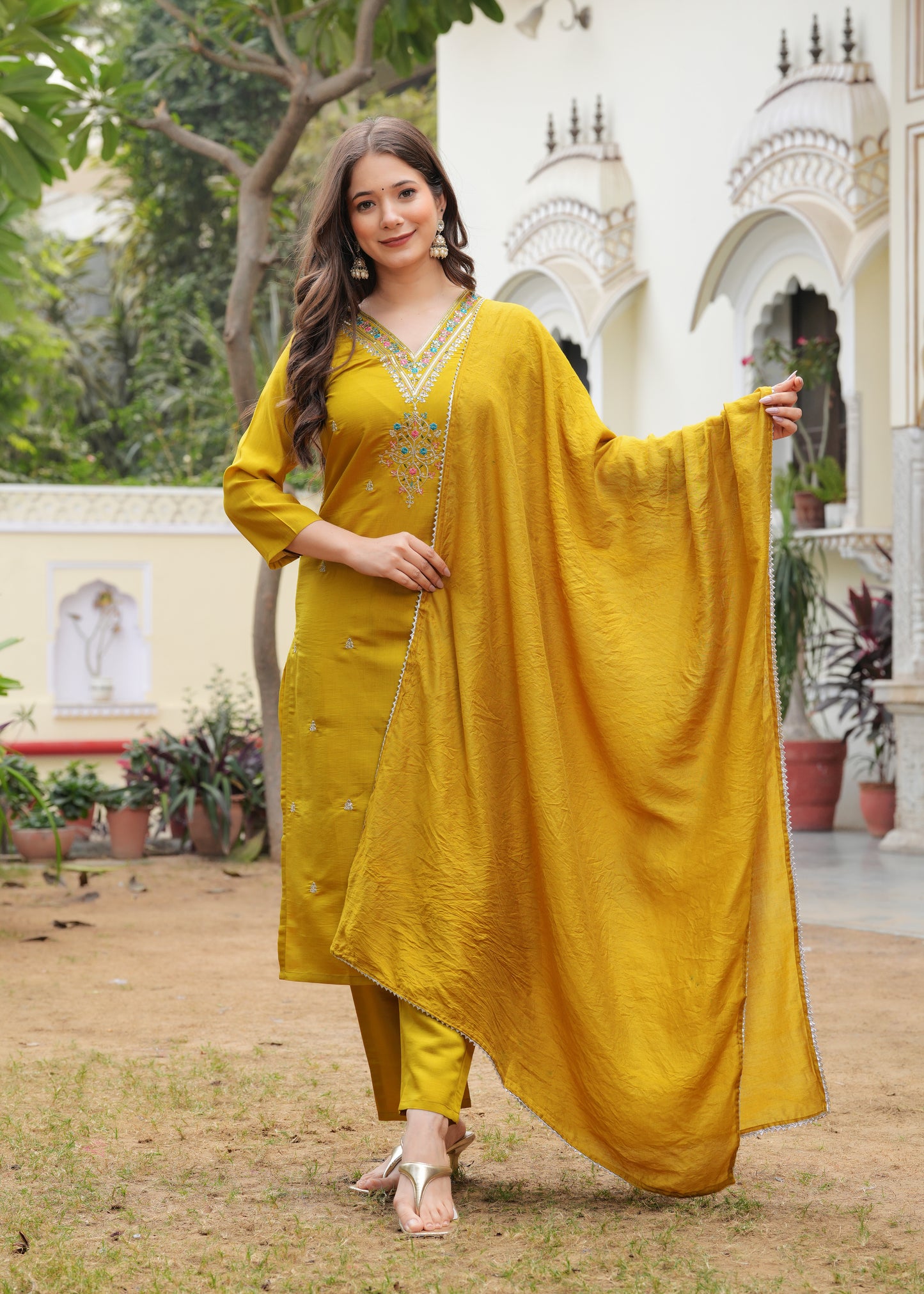 Mustard Viscose Straight Embroidery Work Kurta and Palazzo With Dupatta
