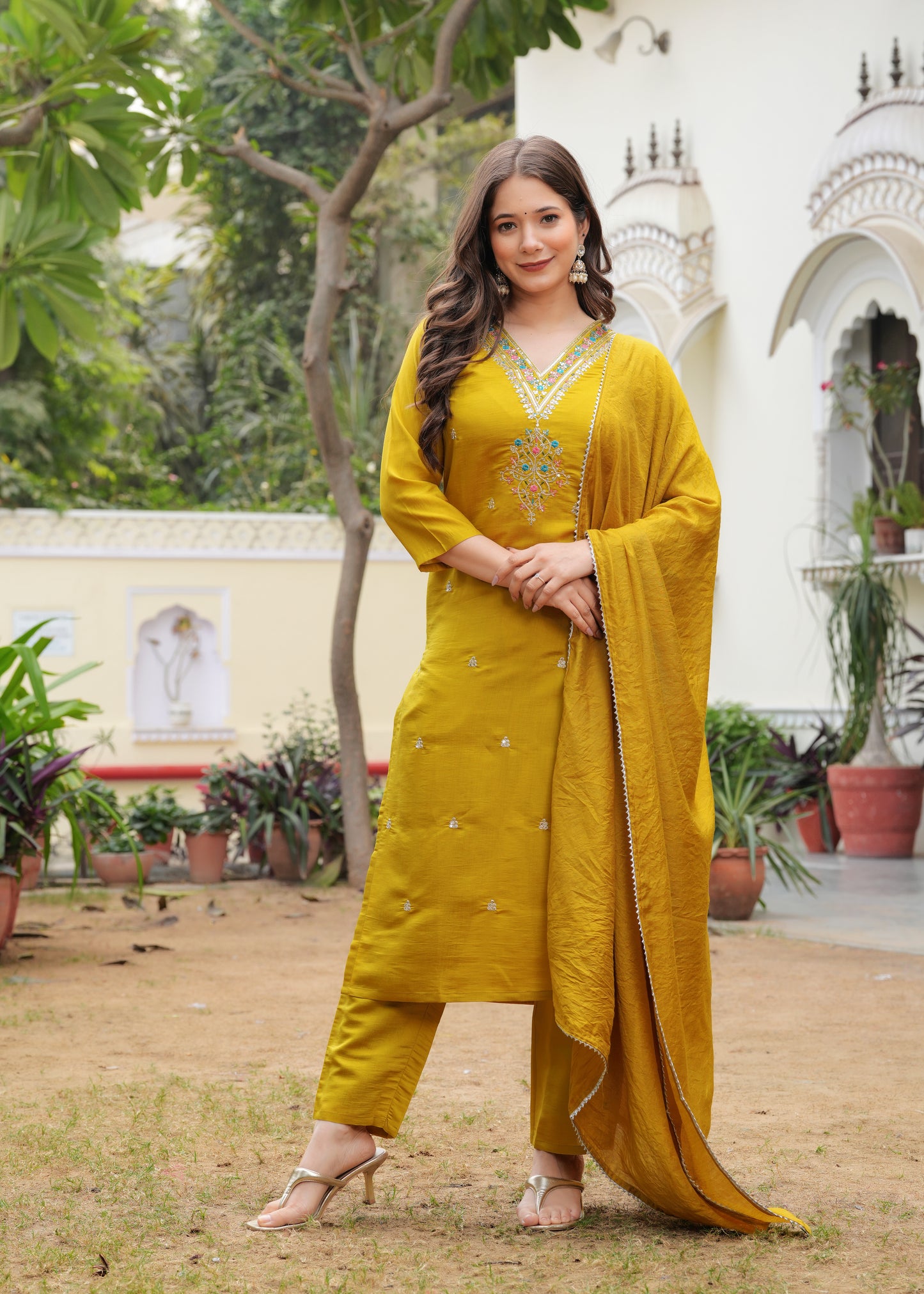 Mustard Viscose Straight Embroidery Work Kurta and Palazzo With Dupatta