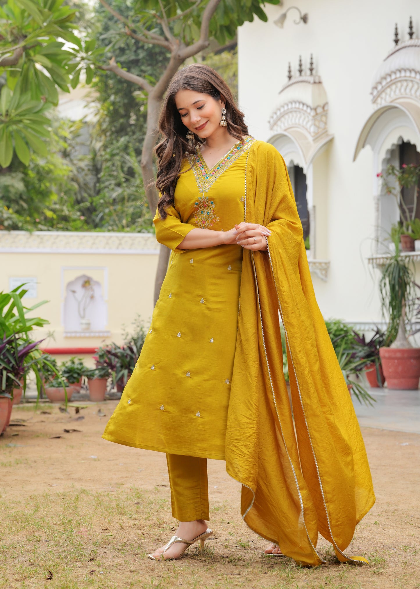Mustard Viscose Straight Embroidery Work Kurta and Palazzo With Dupatta