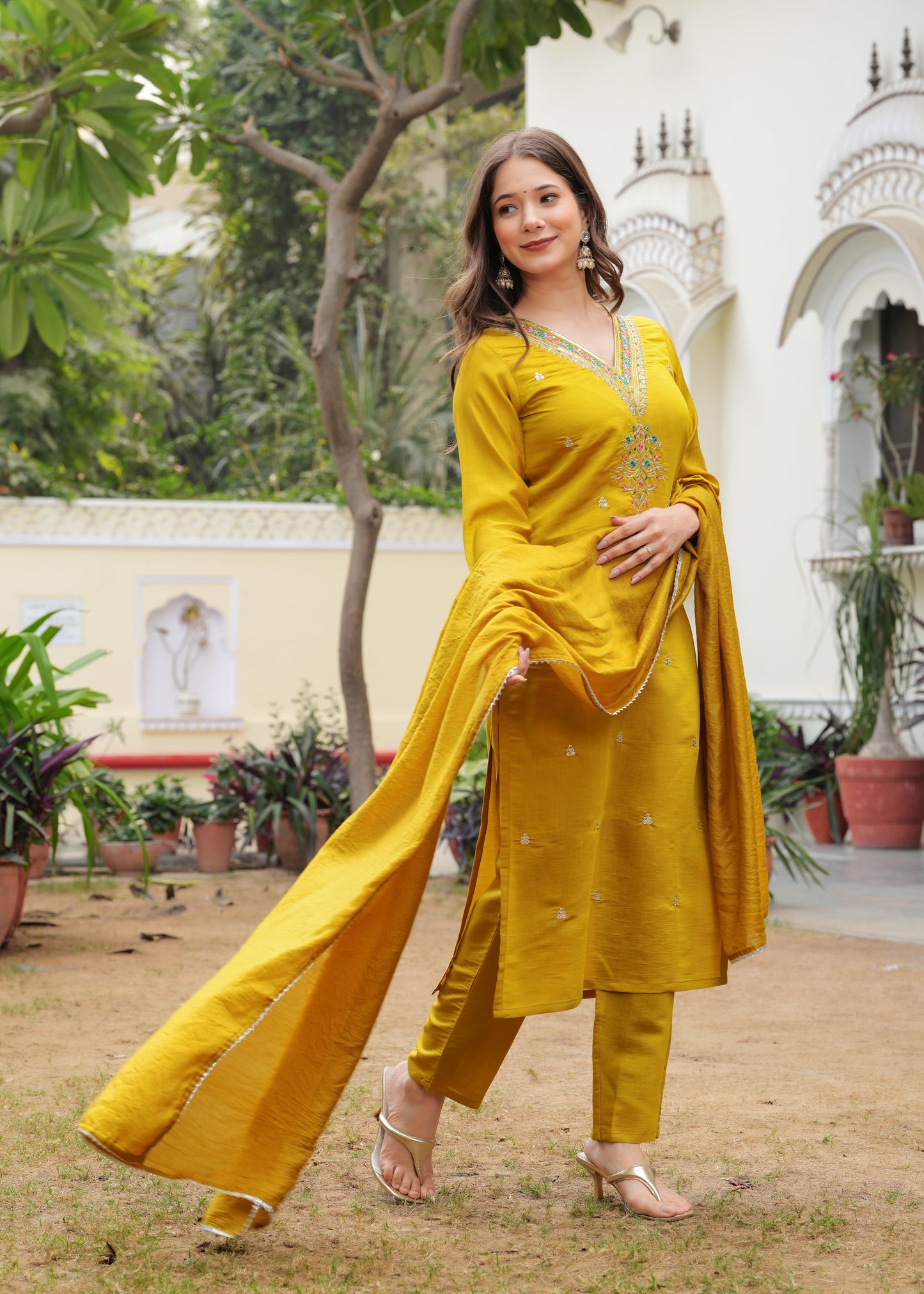Mustard Viscose Straight Embroidery Work Kurta and Palazzo With Dupatta