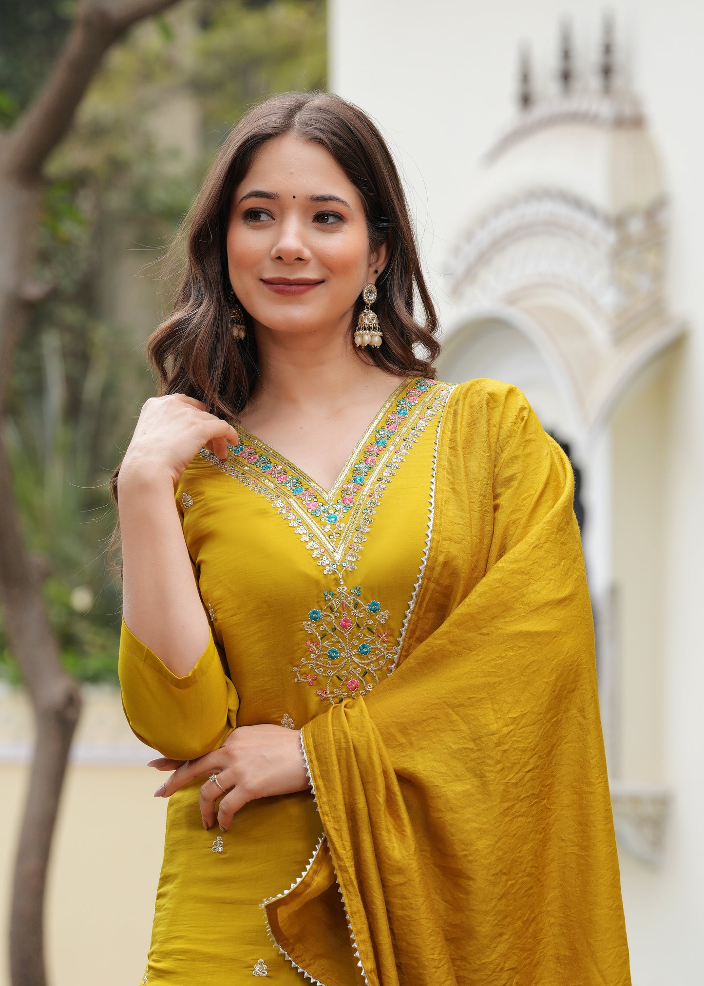 Mustard Viscose Straight Embroidery Work Kurta and Palazzo With Dupatta