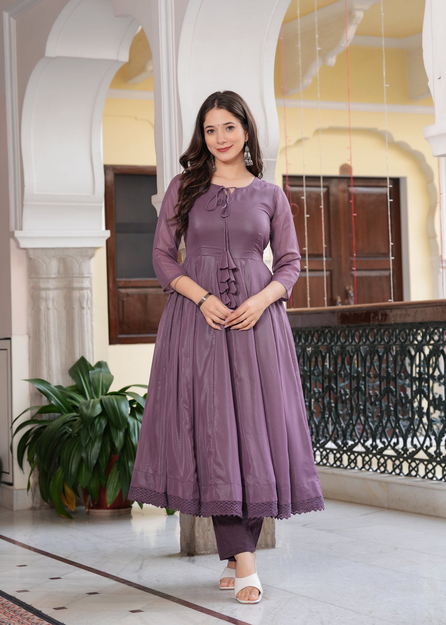 Purple Anarkali Solid Lace Work Kurta & Trousers With Dupatta