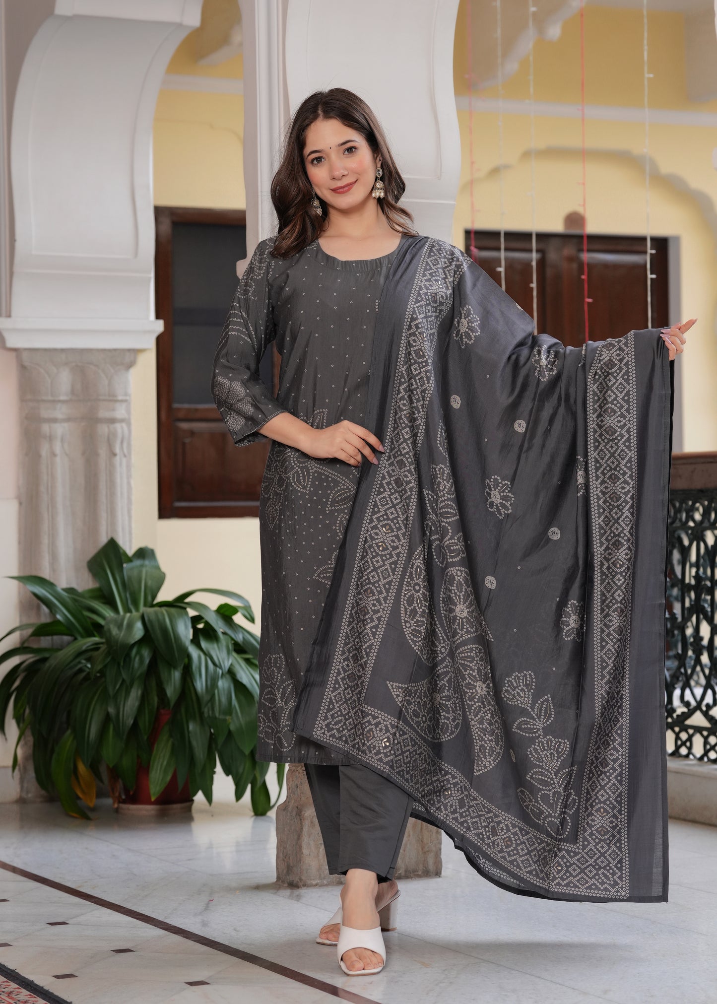 Grey Viscose Straight Printed Kurta and Palazzo With Dupatta