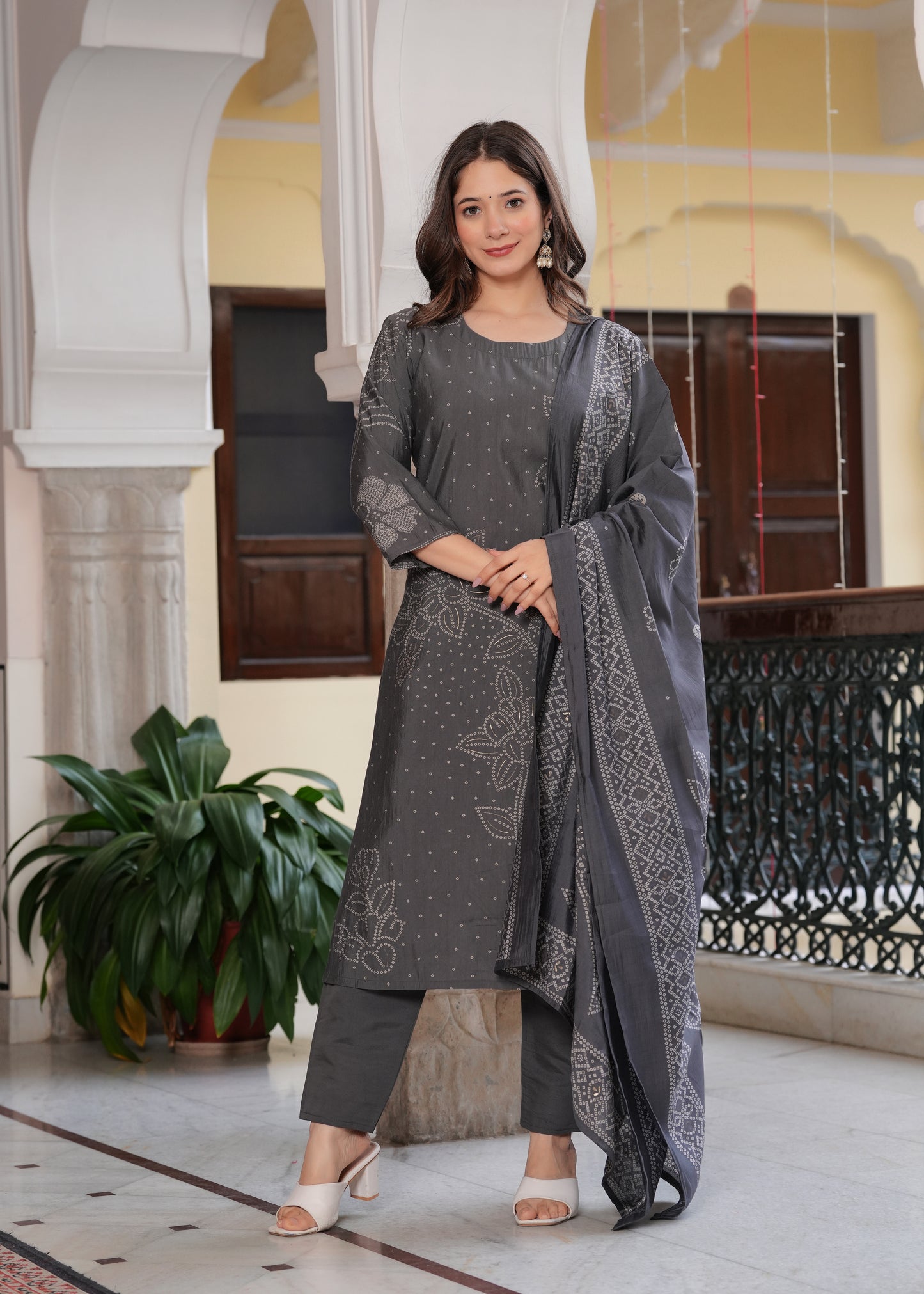 Grey Viscose Straight Printed Kurta and Palazzo With Dupatta